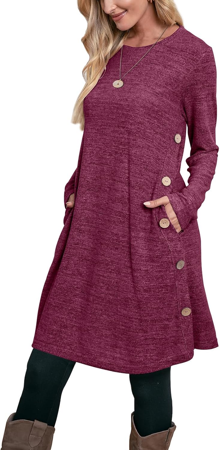 OFEEFAN Long Sleeve Dress for Women with Pockets and Buttons