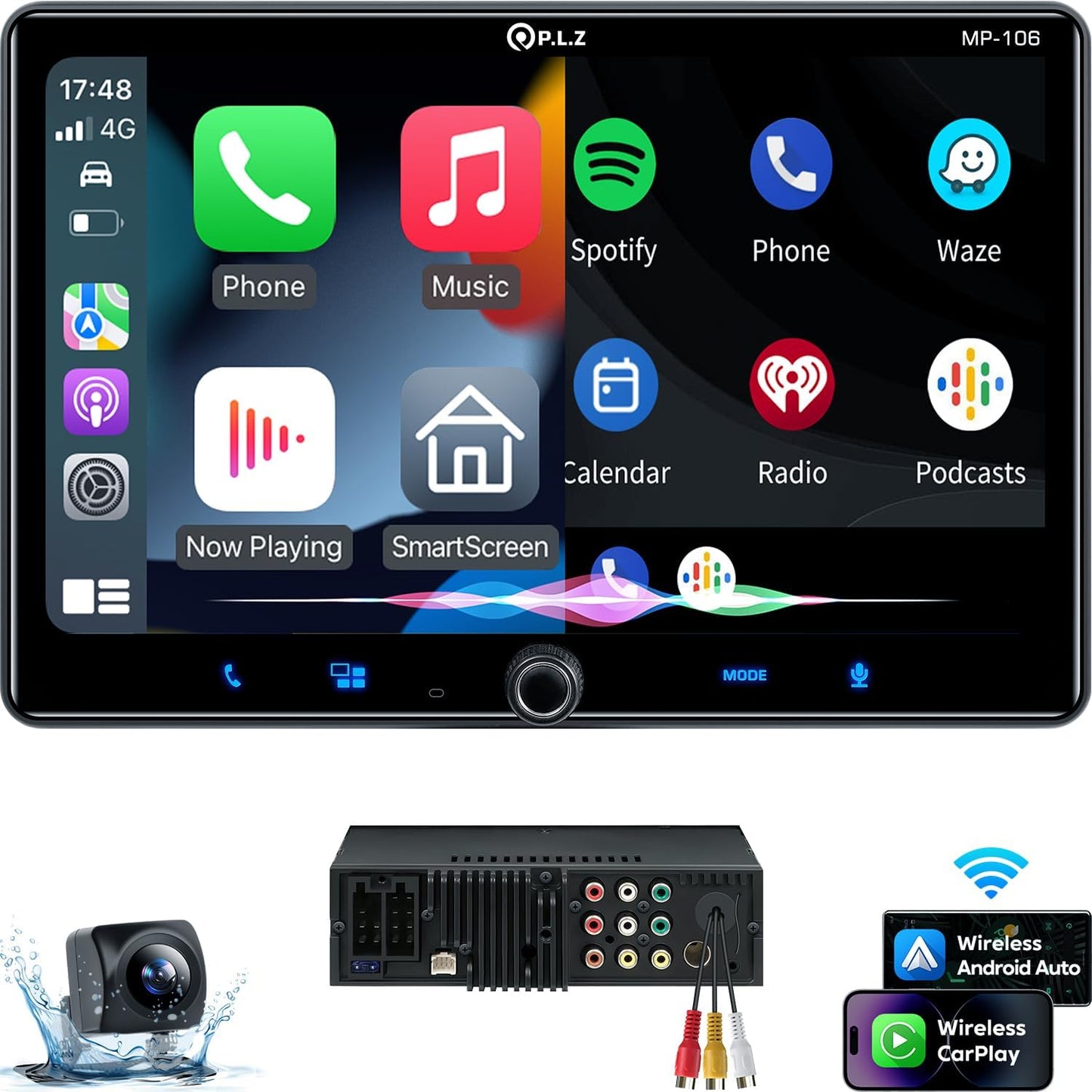 PLZ Single Din Car Stereo with Wireless Apple Carplay & Android Auto