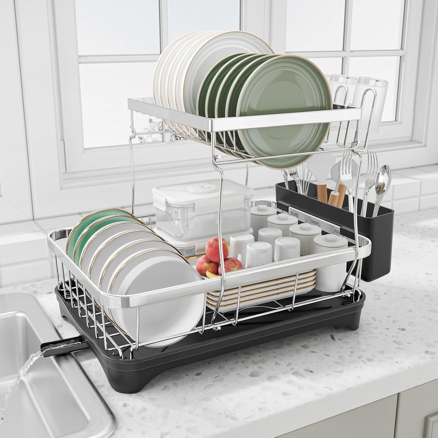 2-Tier Stainless Steel Dish Drying Rack for Kitchen Counter