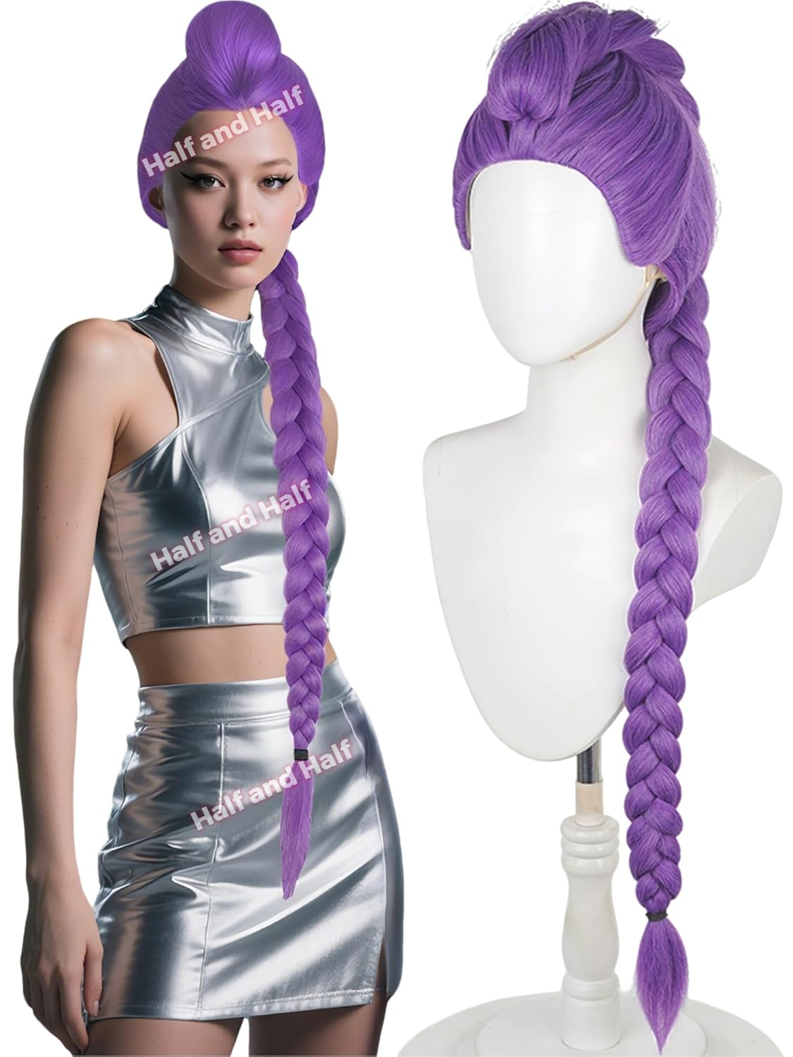 Half and Half Long Purple Braid Ponytail Wig for Cosplay Events