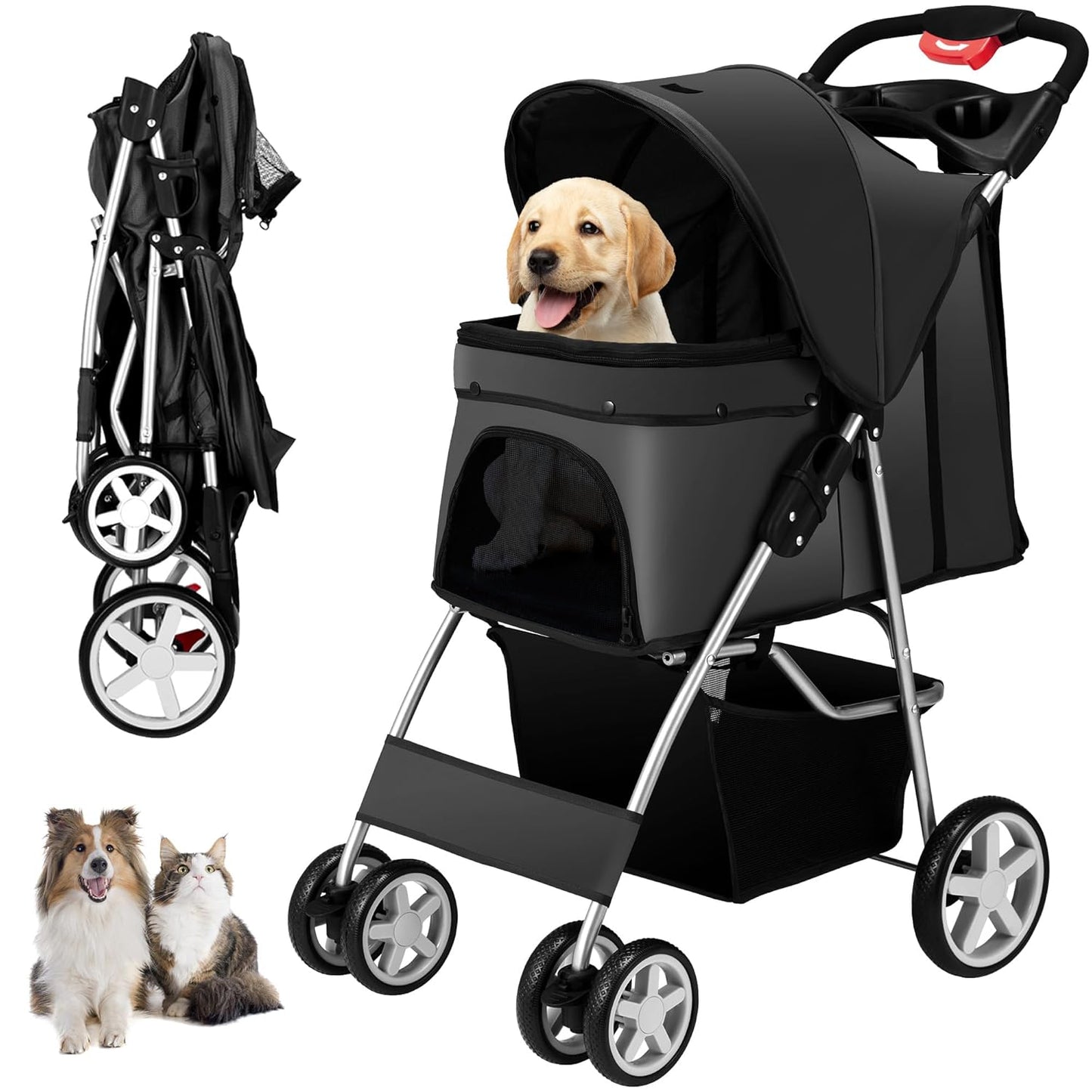 4 Wheels Pet Stroller for Small Medium Dogs Cats - Foldable