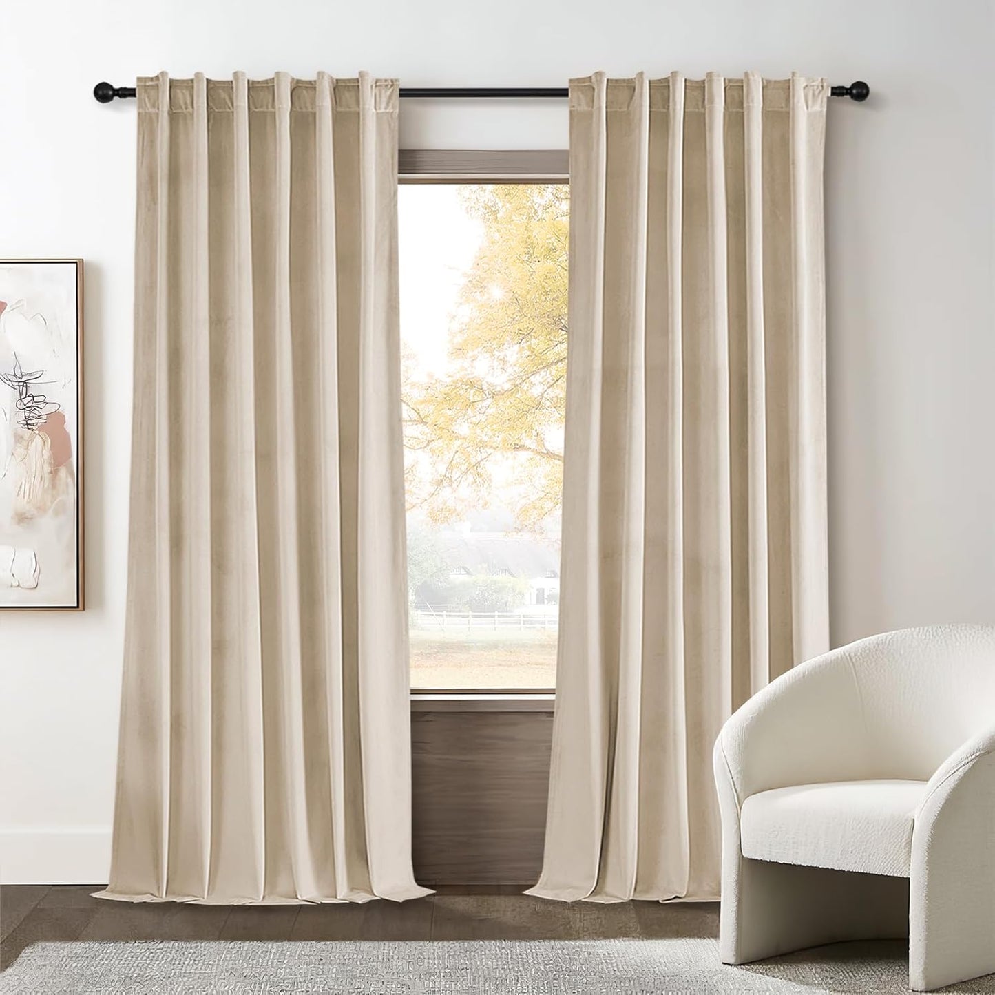 Beige Velvet Blackout Curtains - 84 Inch Length - Set of 2