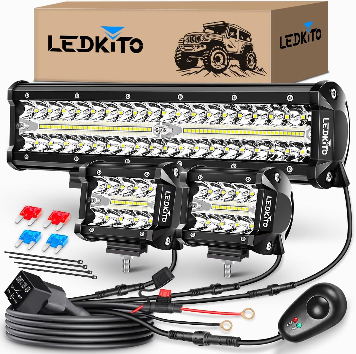 12 Inch LED Light Bar and 4 Inch Pods for Off Road Vehicles