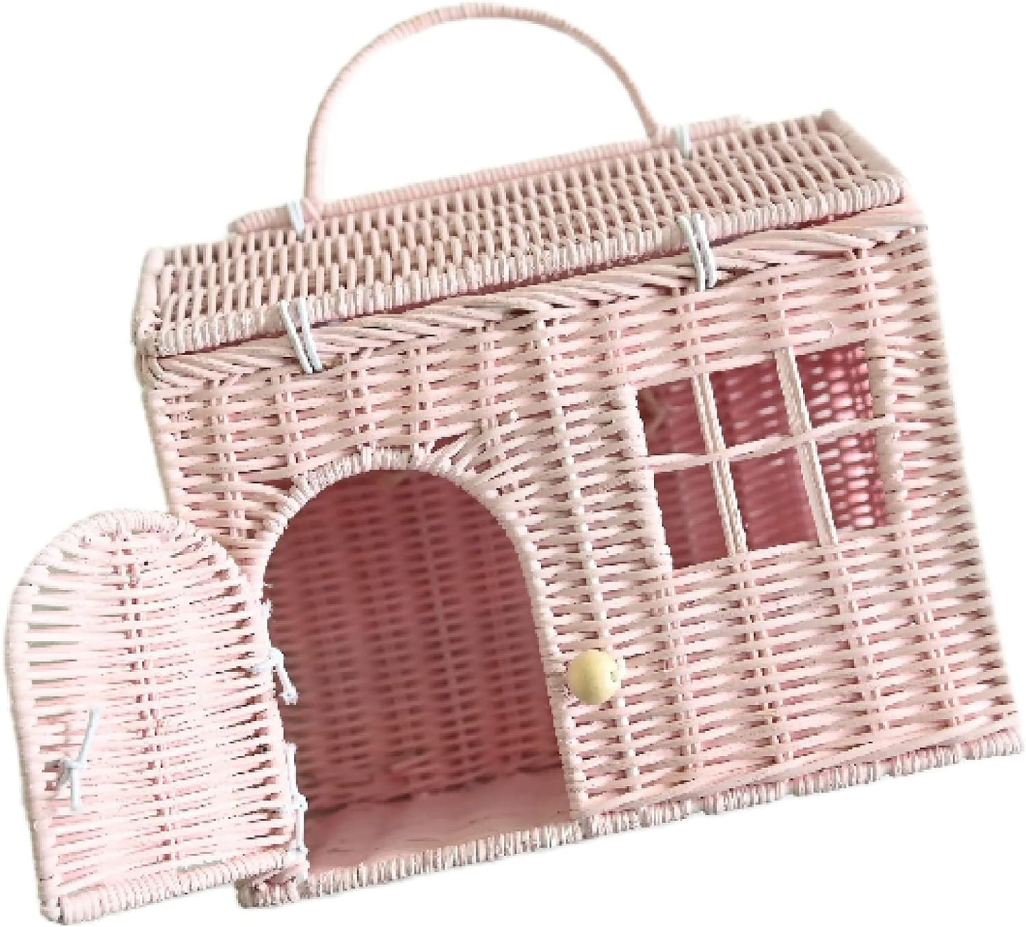 Rool Rattan House Shaped Basket for Dolls and Toys - Pink