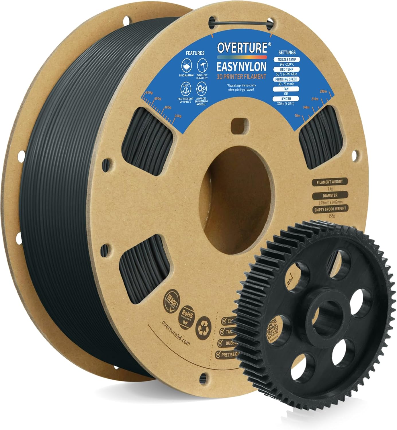 OVERTURE Nylon Filament 1.75mm for 3D Printing - Gray Quality