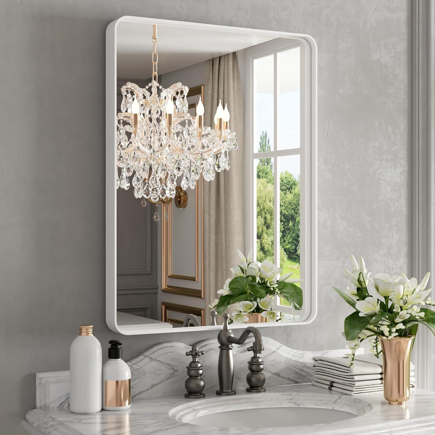 WEER White Bathroom Mirror 22X30 Inch with Rounded Rectangle Frame