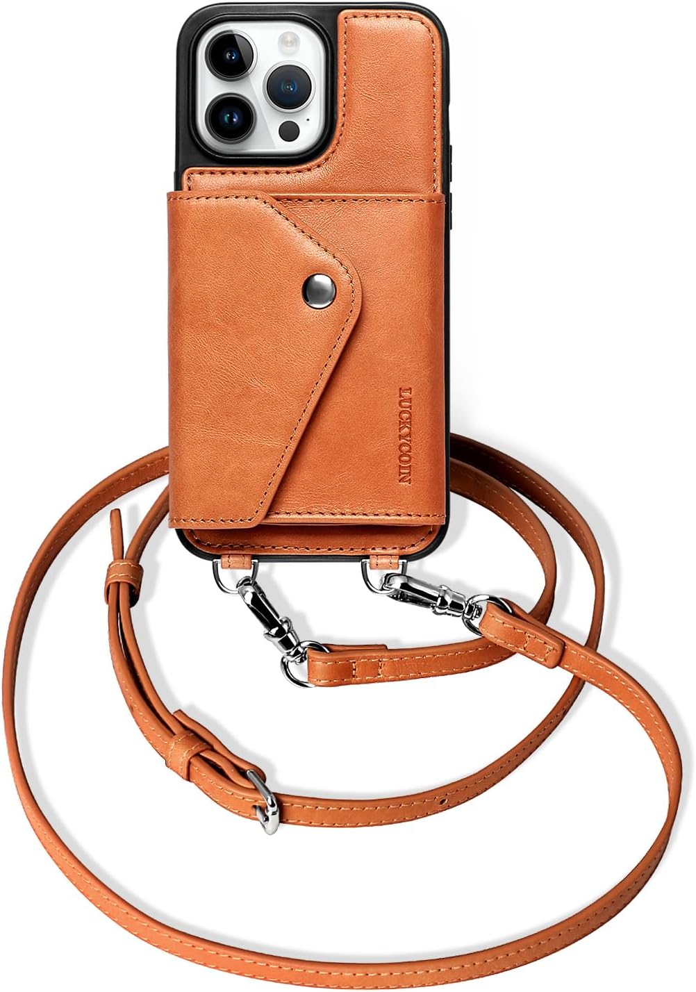 LUCKYCOIN Leather Wallet Case for iPhone 14 Pro Max - Brown