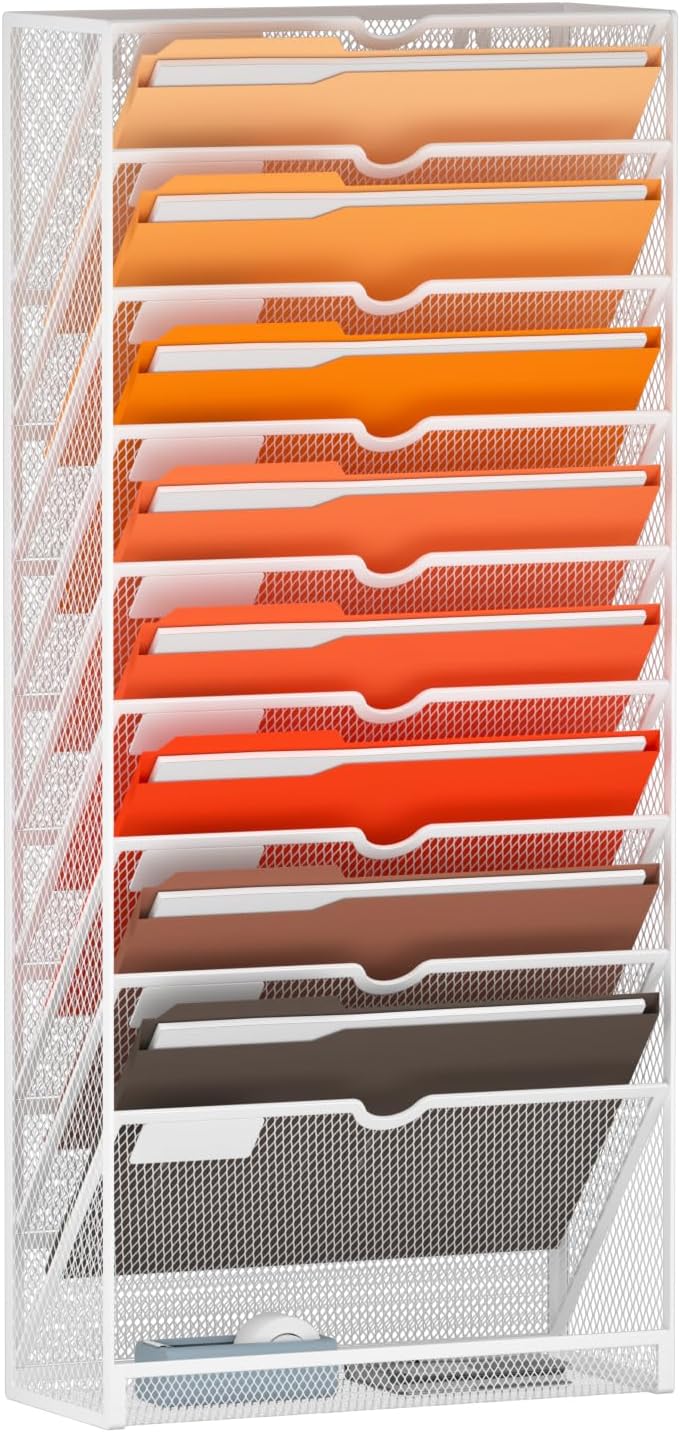 10-Tier Wall File Organizer for Papers and Magazines - White