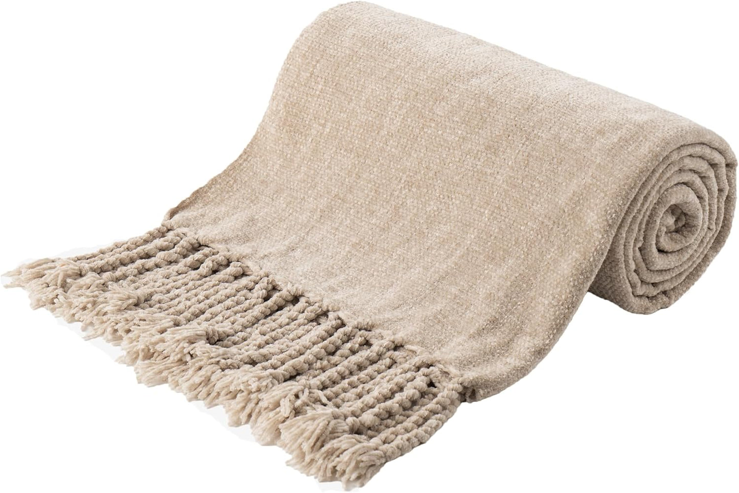BATTILO HOME Beige Chenille Throw Blanket for Cozy Comfort