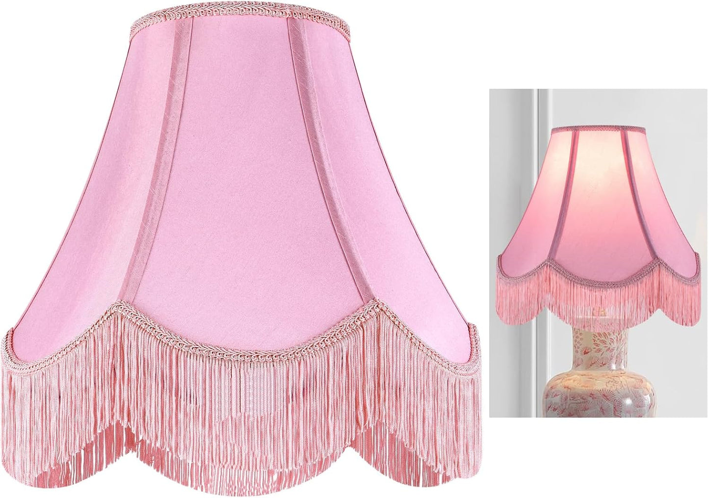 Pink Silk Fabric Bell Lamp Shade with Victorian Fringe Trim