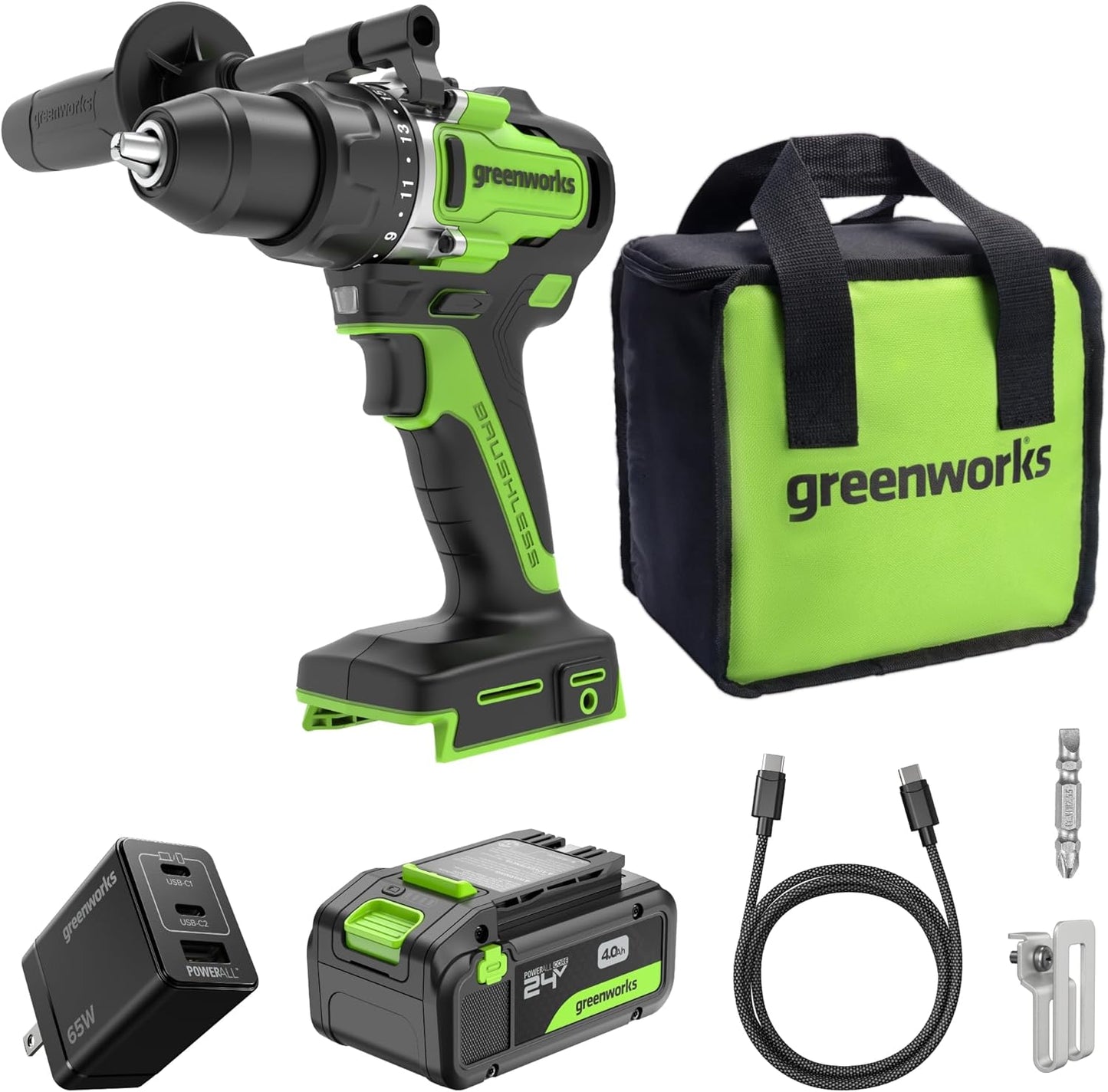 Greenworks 24V Brushless Cordless Drill with USB-C Battery Power