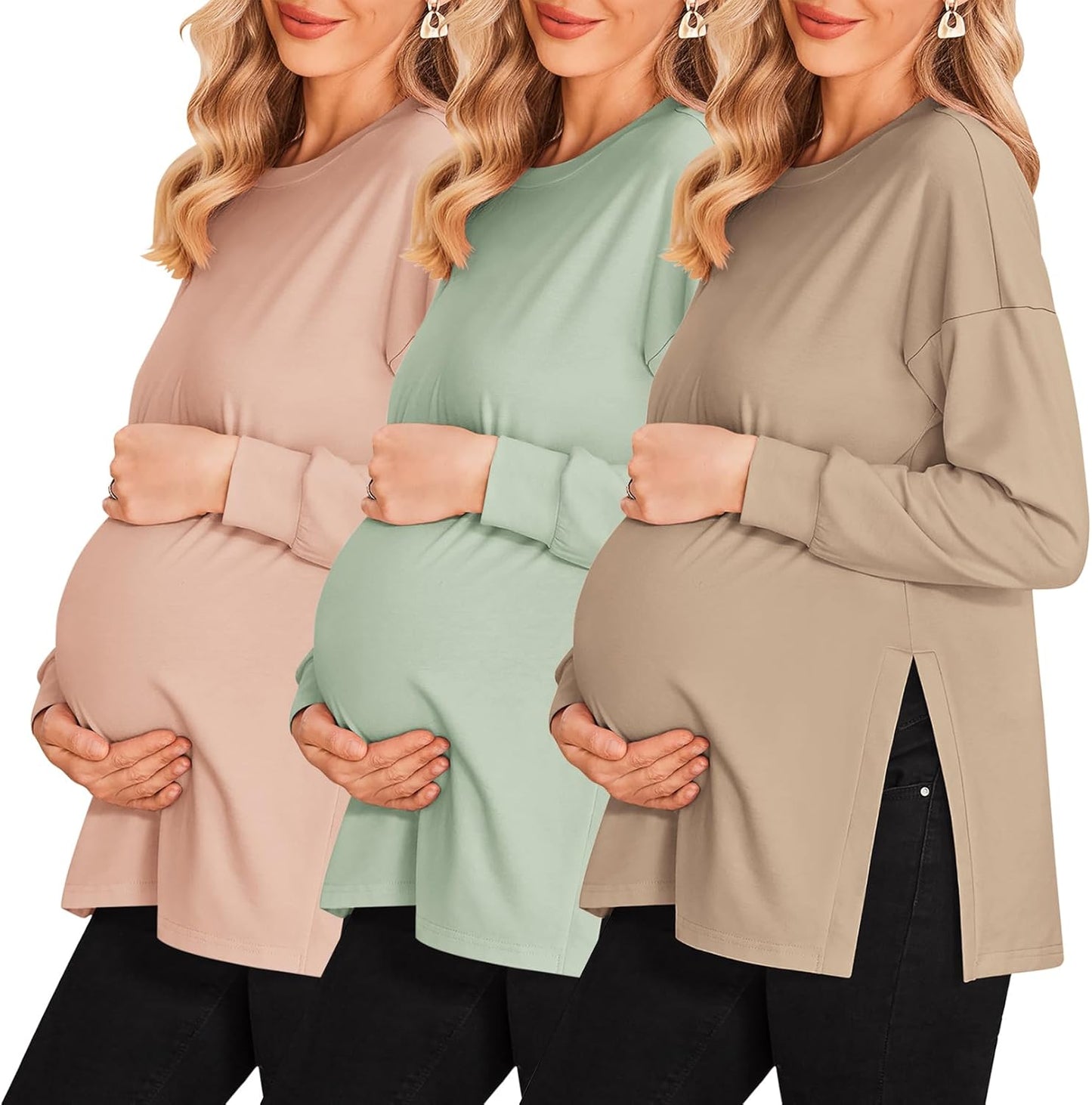 Ekouaer Maternity Shirts 3 Pack Long Sleeve Side Ruched Tops