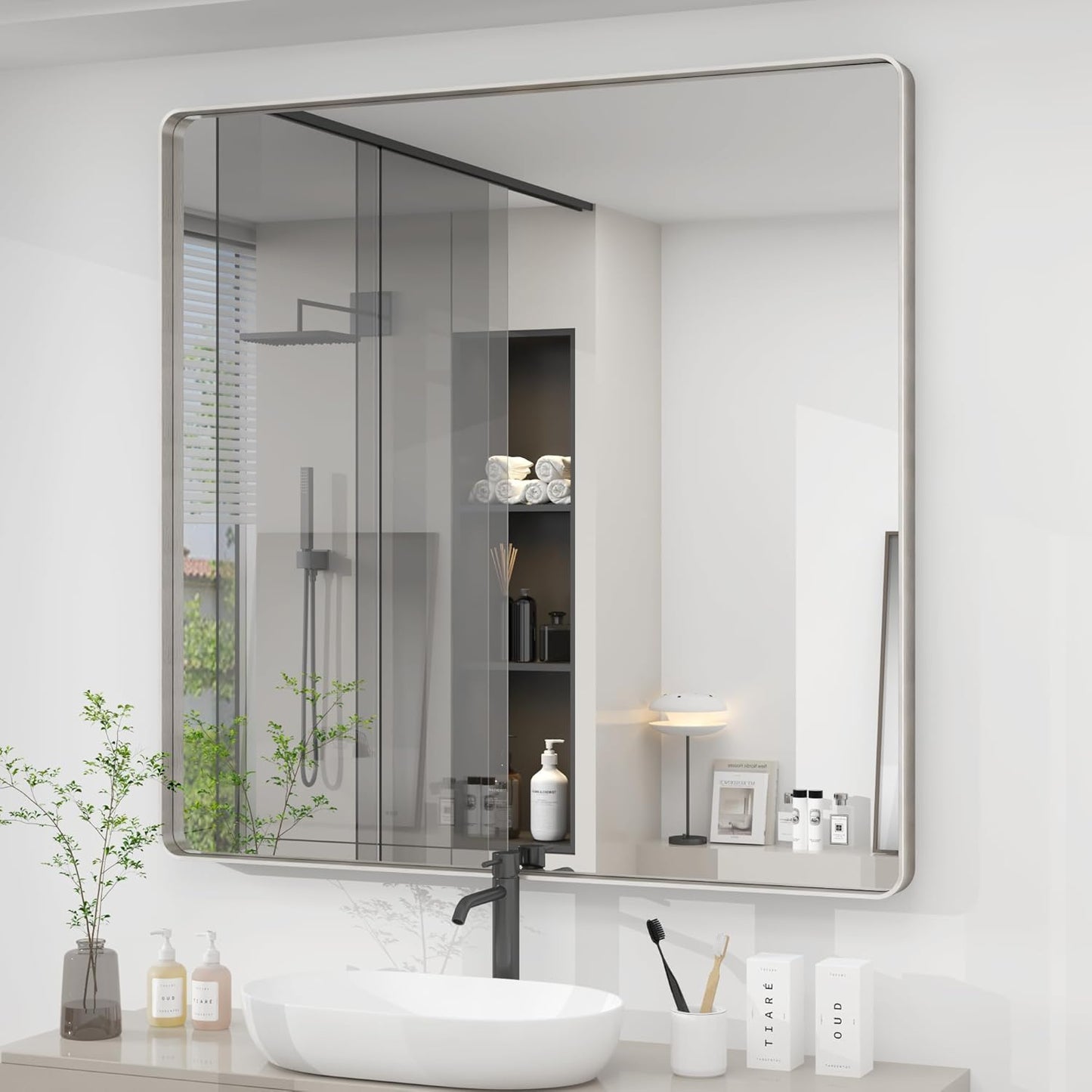 36x36 Silver Square Bathroom Mirror with Brushed Metal Frame