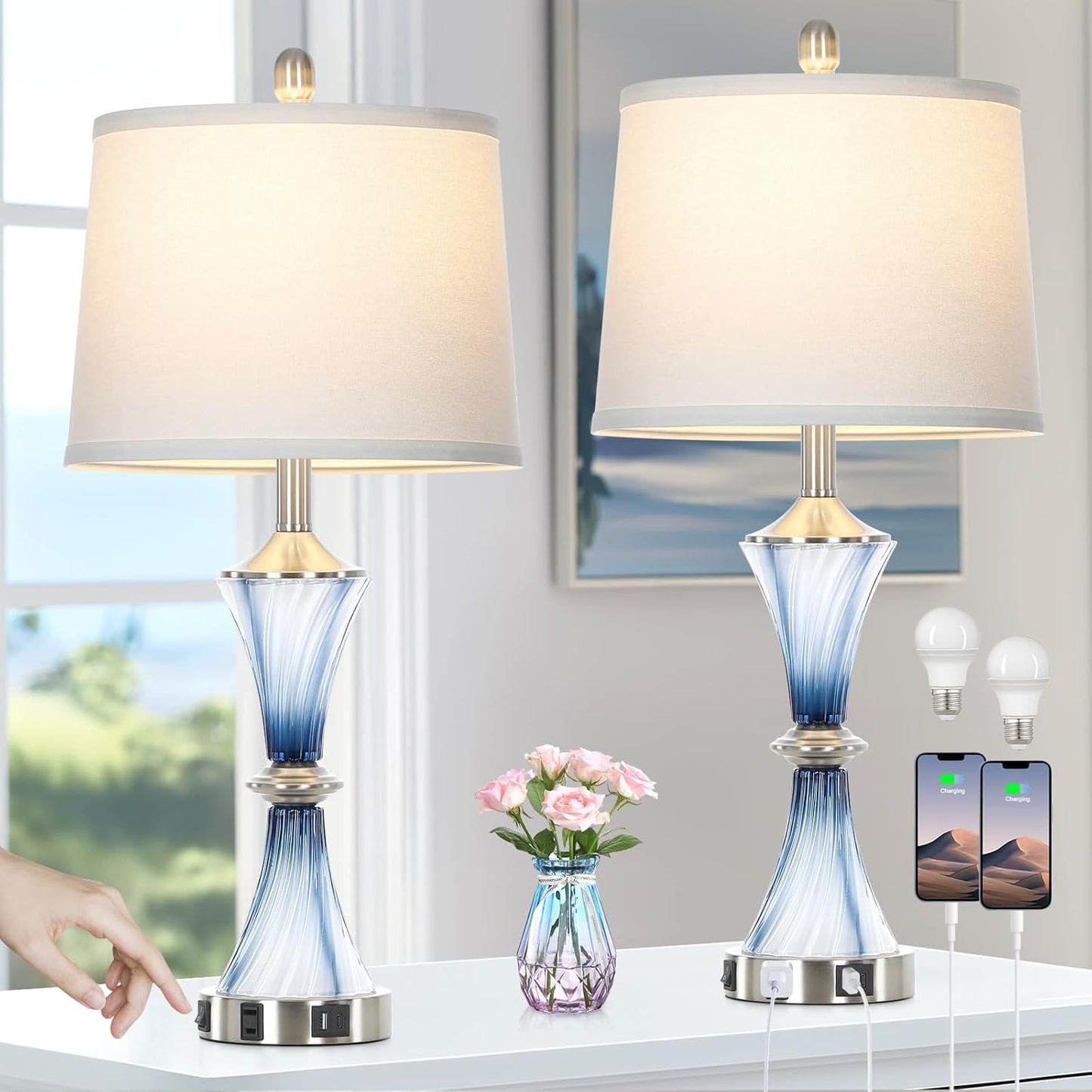 Blue Glass Table Lamp Set of 2 with USB Ports for Modern Homes