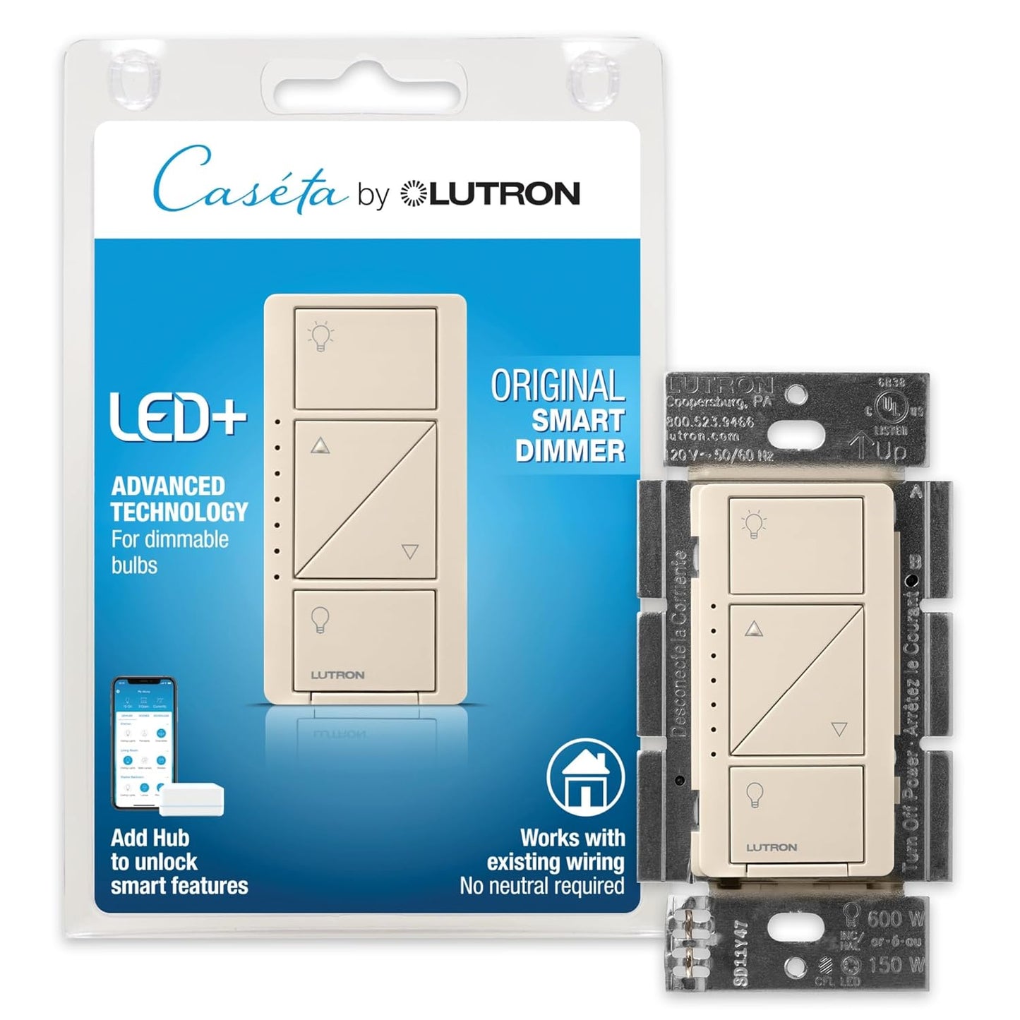 Lutron Caseta Smart Dimmer Switch for LED Lights, Light Almond