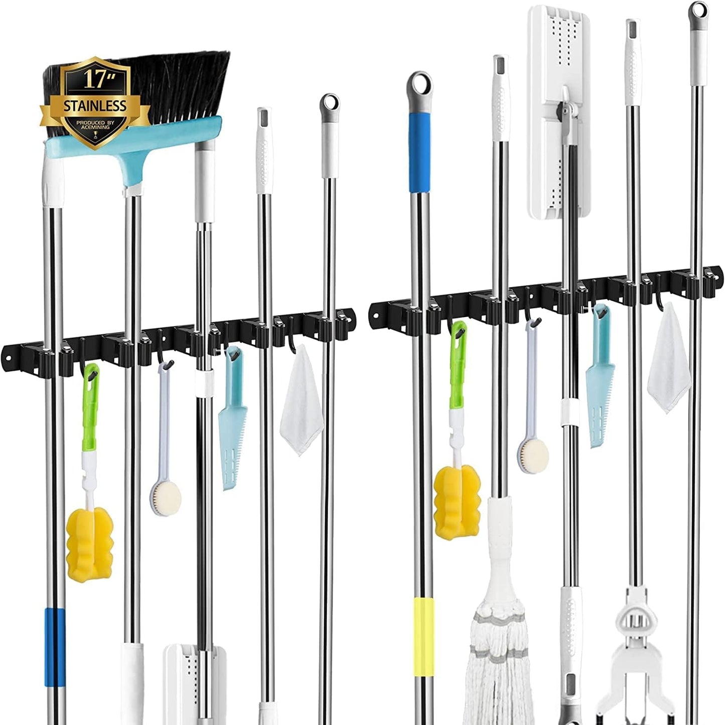 Broom Organizer Storage Tool Racks with Heavy Duty Hooks