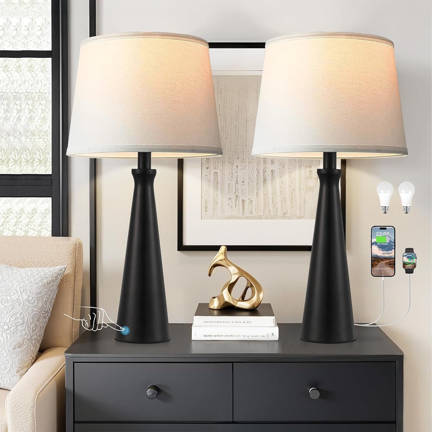 Seealle Modern Table Lamps Set of 2 with USB Charging Ports