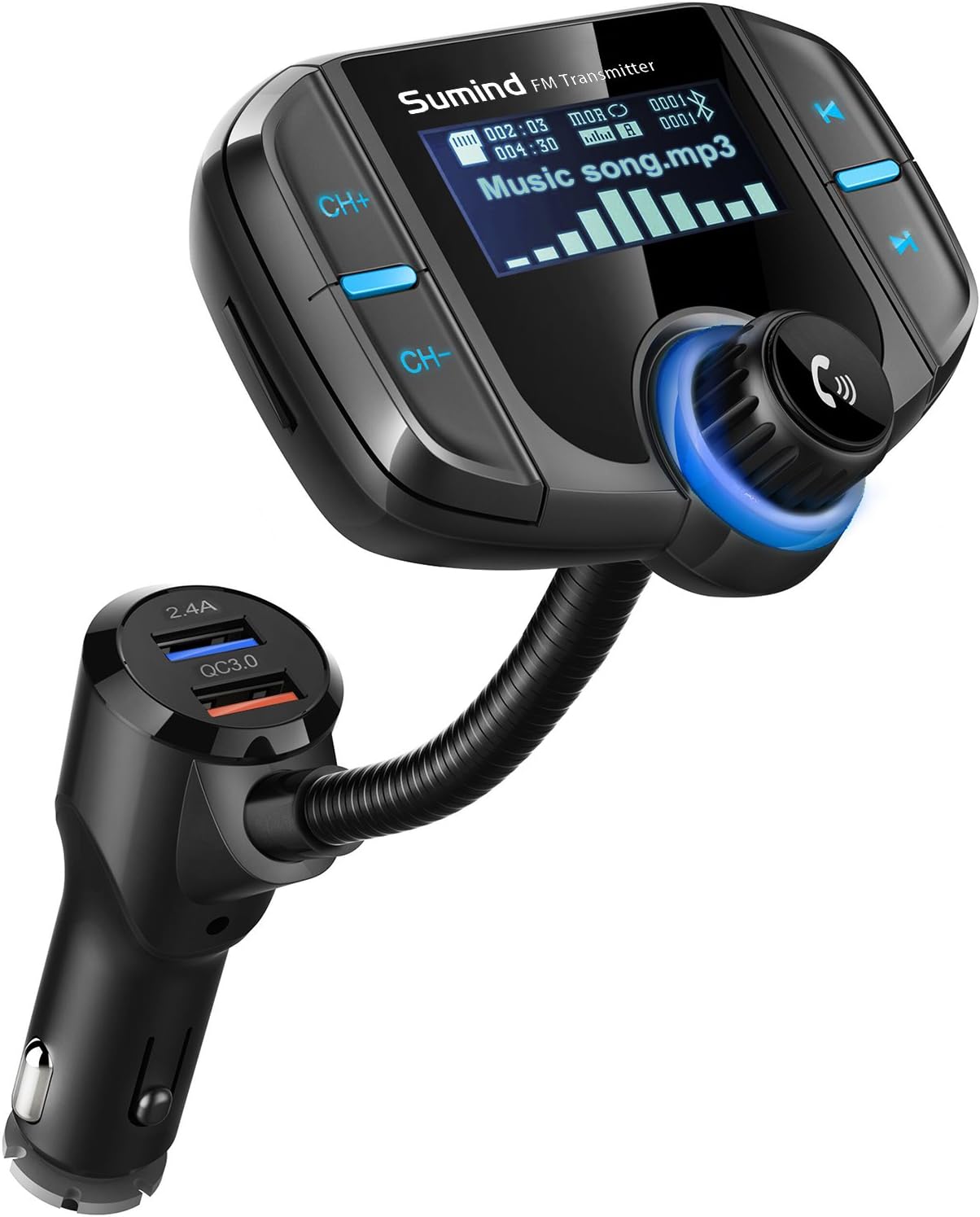 Sumind Bluetooth FM Transmitter - Upgraded QC3.0, Hands-Free Car Kit