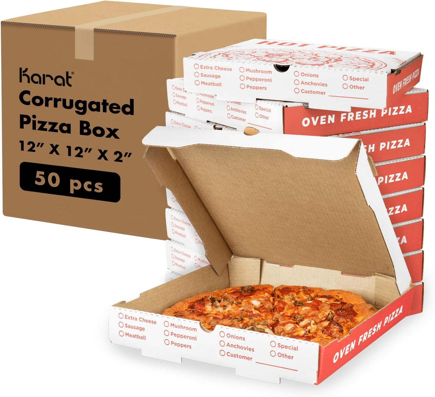 Karat Pizza Boxes 12in x 12in x 2in - Classic Red Print 50 Pack