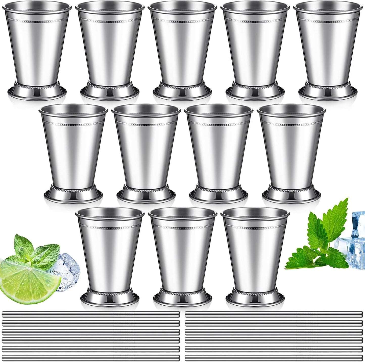 12 Pack Mint Julep Cups with Straws for Derby Parties and More
