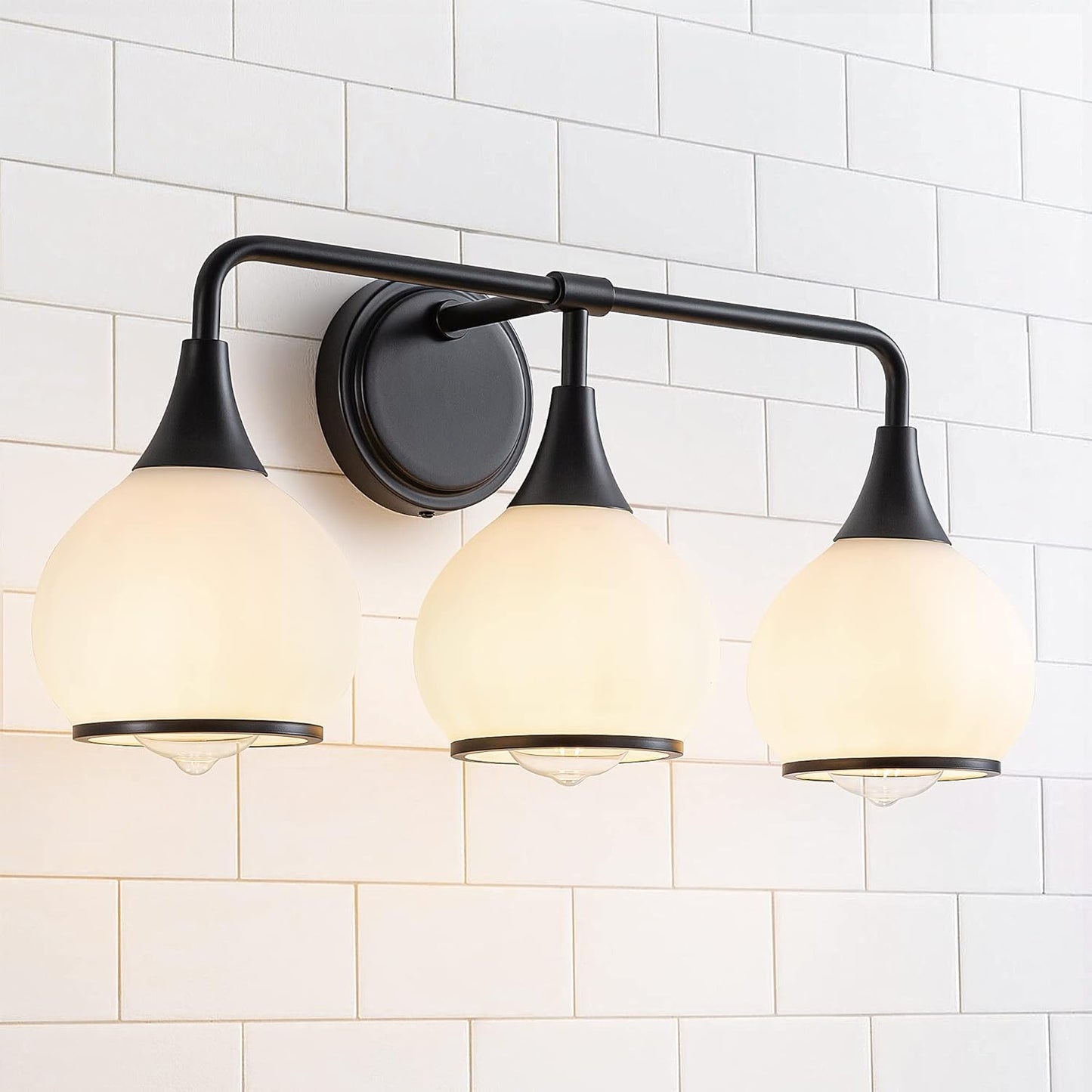 Black Bathroom Light Fixtures with Milky White Frosted Glass Shade