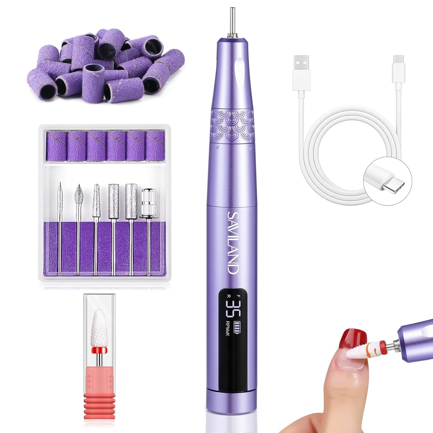 SAVILAND Electric Nail Drill: 35000RPM Cordless Nail File