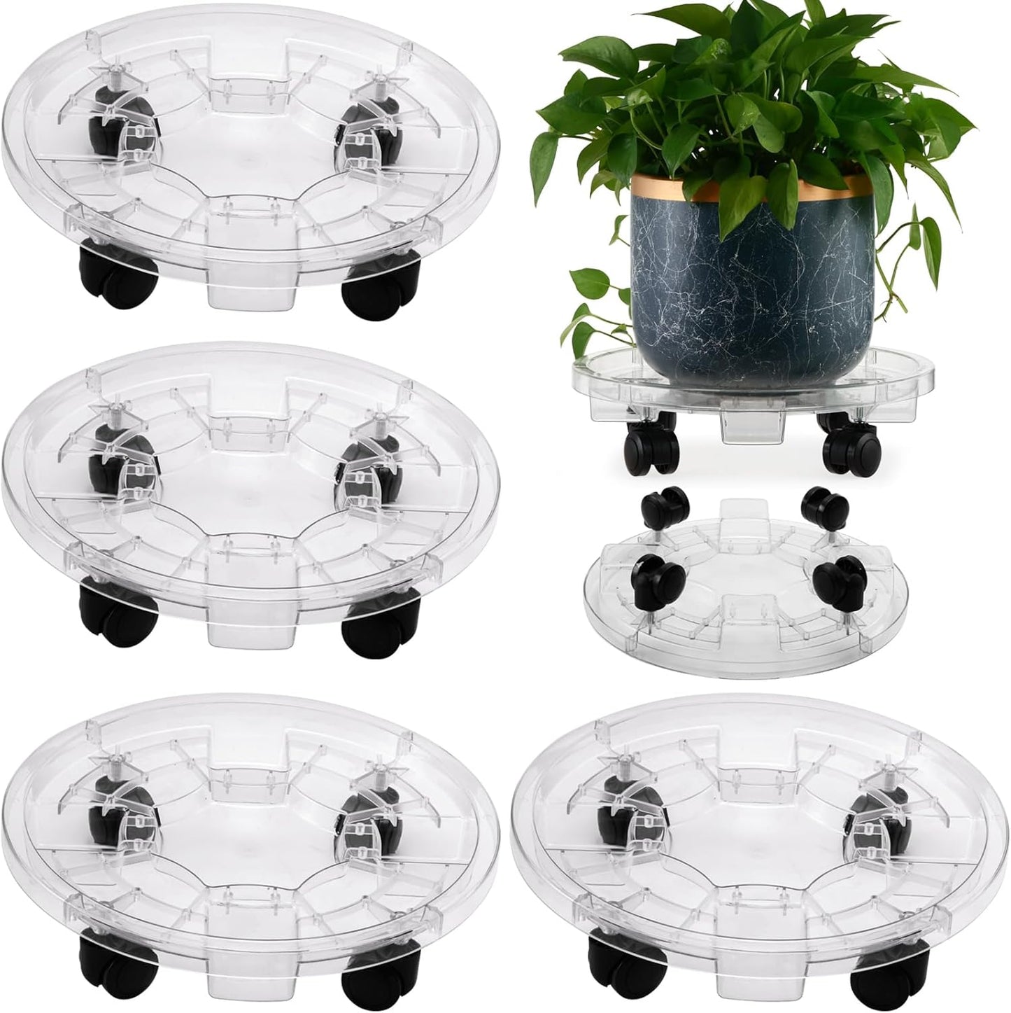 Large Clear Plant Caddy on Wheels - 4 Pack Heavy-Duty Dolly