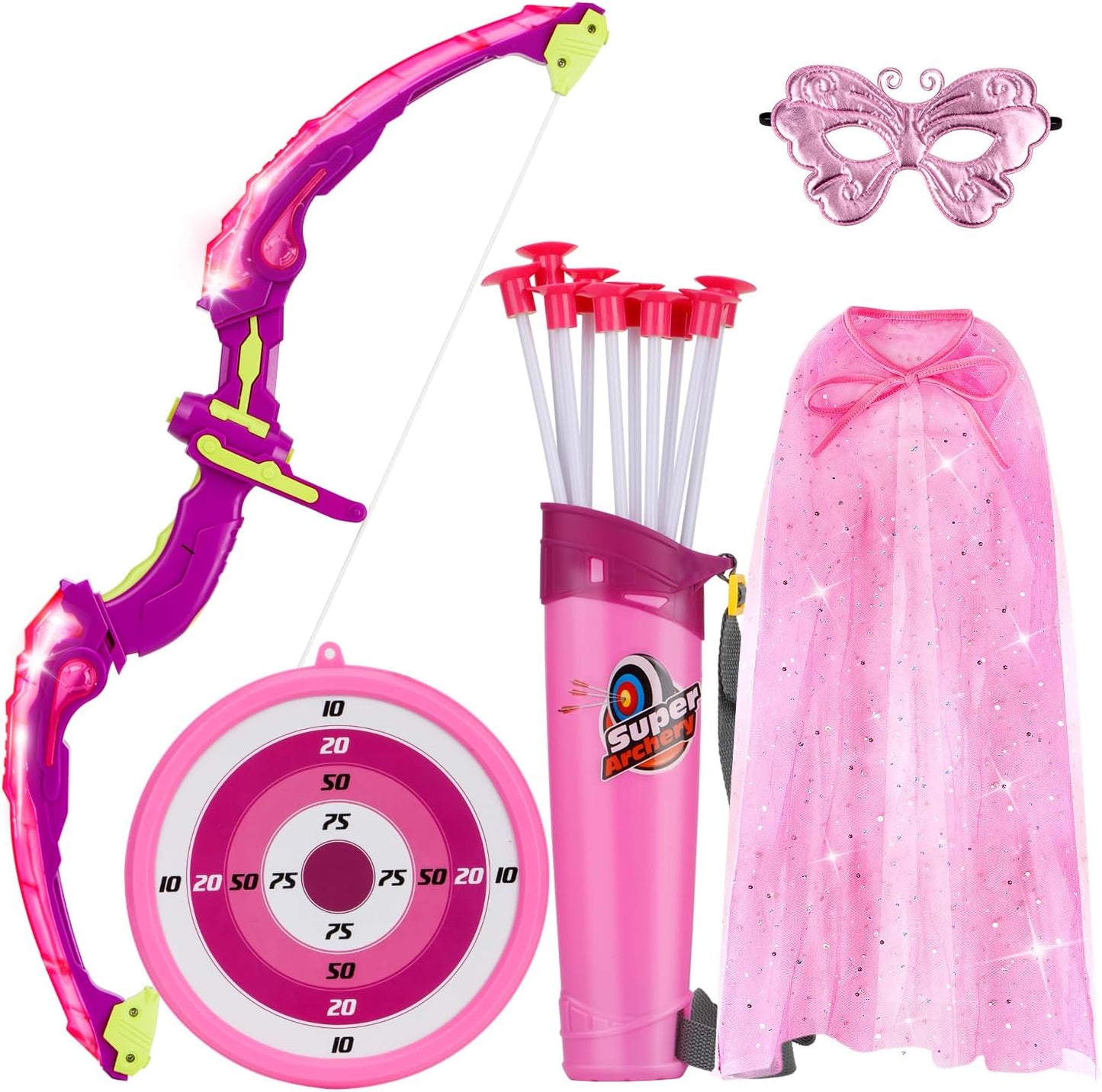 LED Bow and Arrow Set for Girls: Princess Cape, Butterfly Mask
