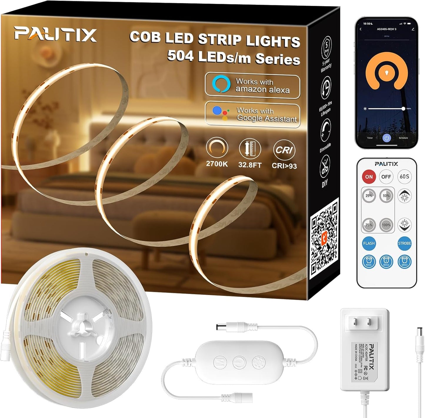PAUTIX COB LED Strip Light for Warm White Dimmable Lighting
