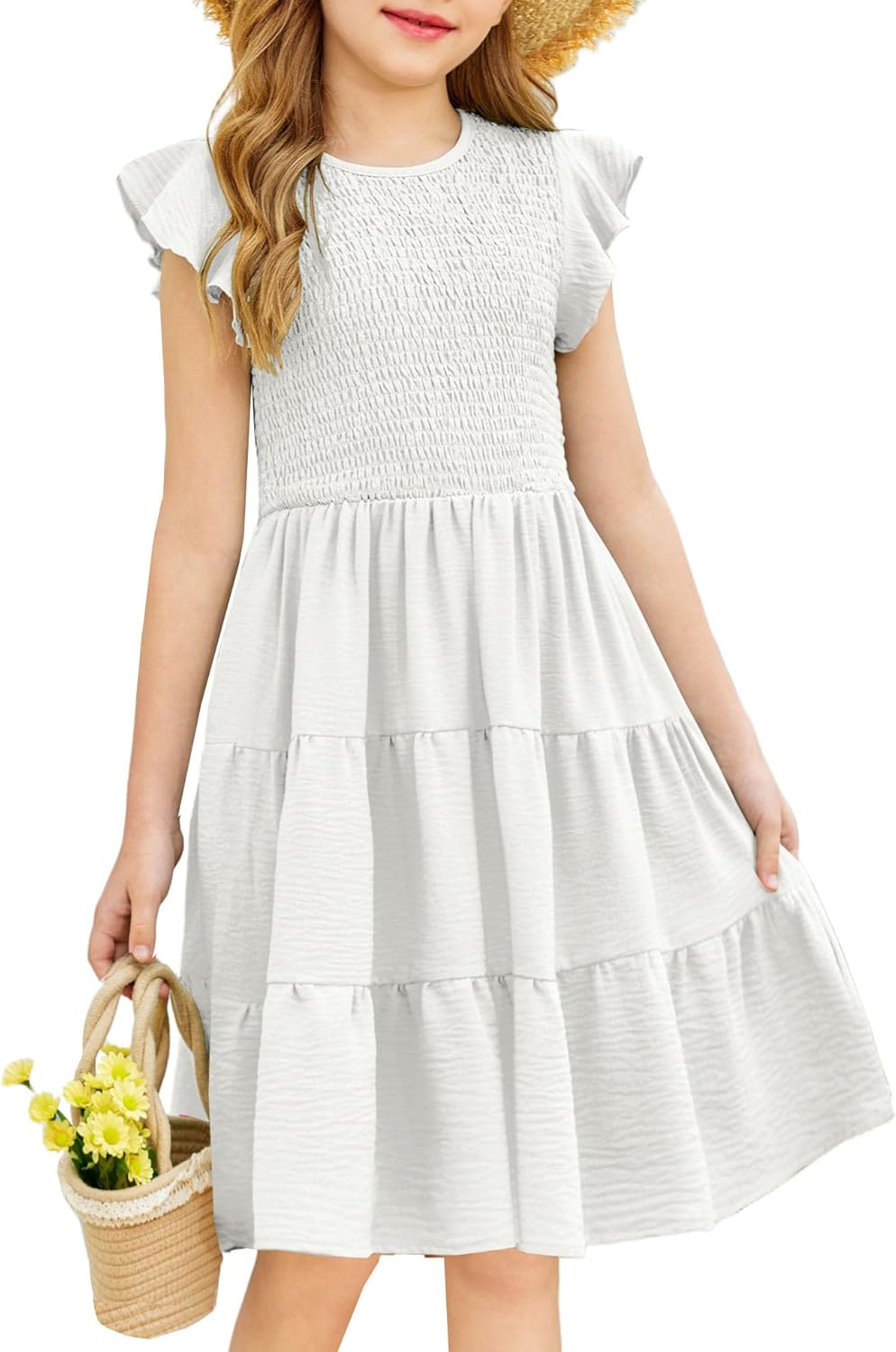 Arshiner Girls Summer Flutter Short Sleeve Sundress with Pockets