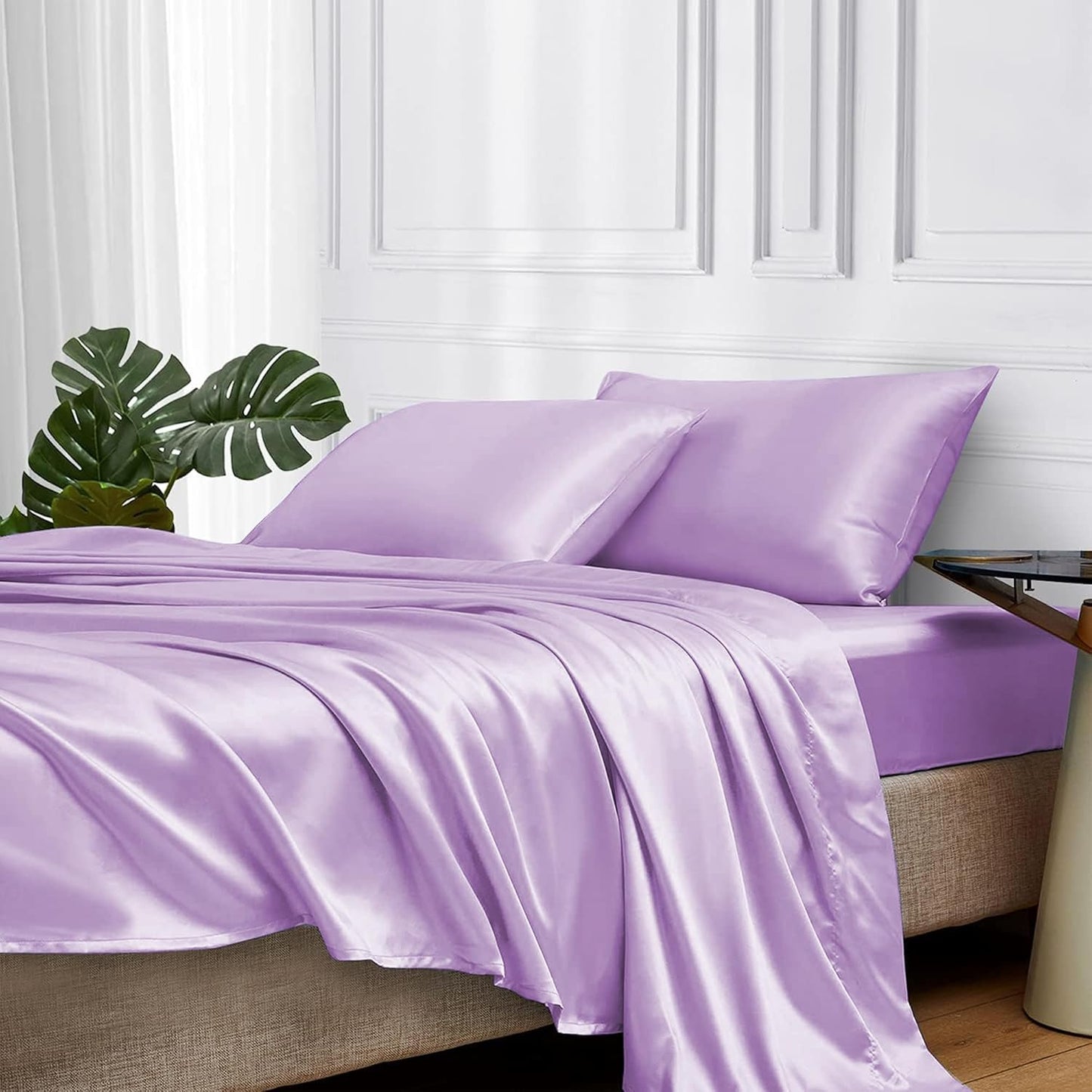 Satin Bed Sheets Set with Elastic Corner Straps for King Size