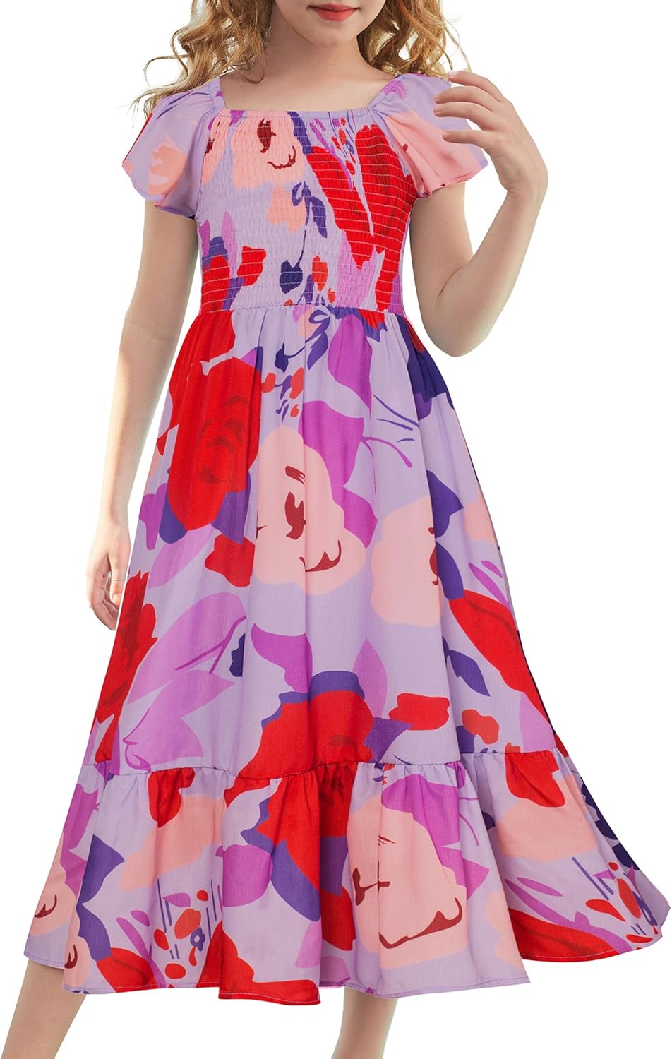 Floral Dress for Girls with Flutter Sleeves and Tiered Skirt