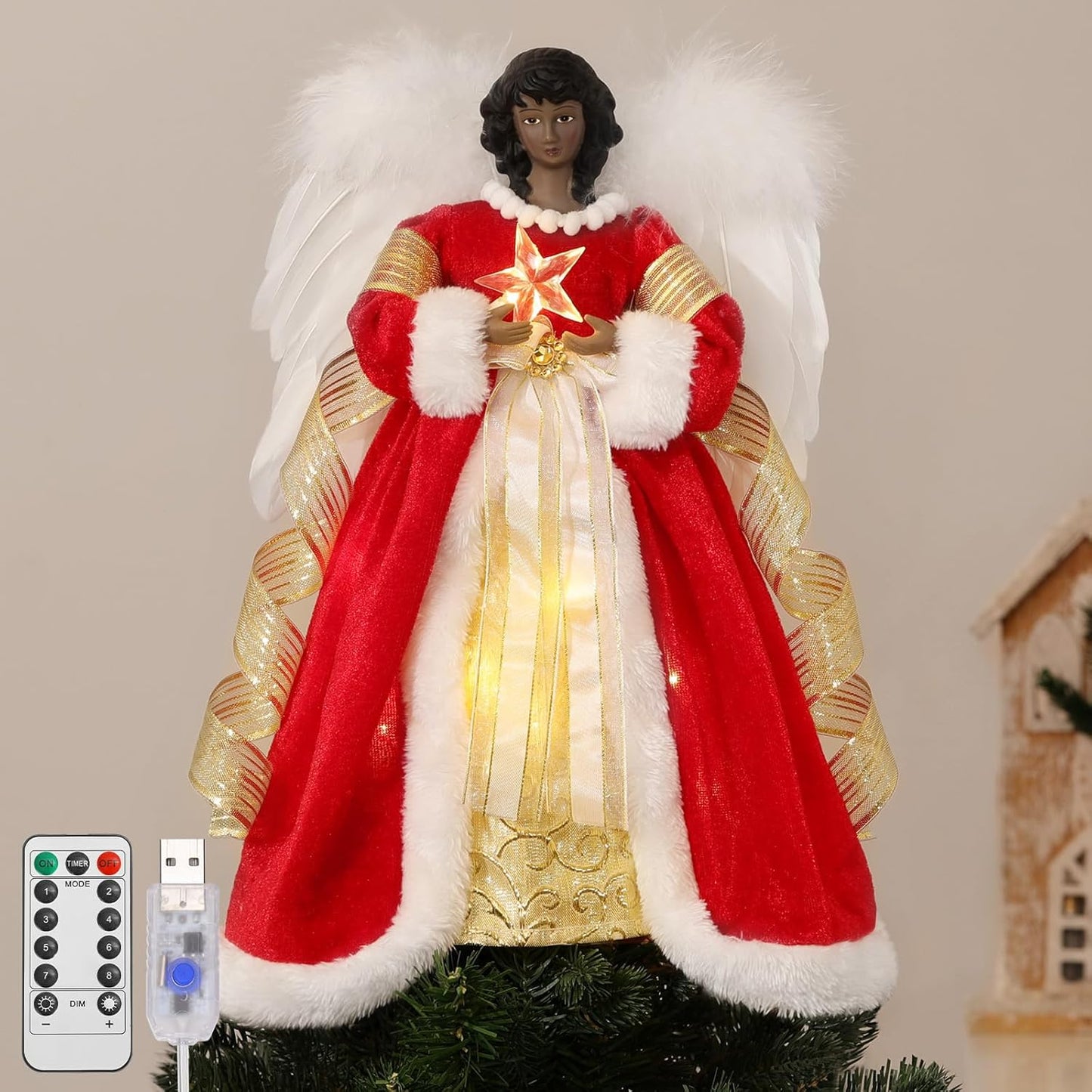 Lewondr Black Angel Christmas Tree Topper for Festive Decor