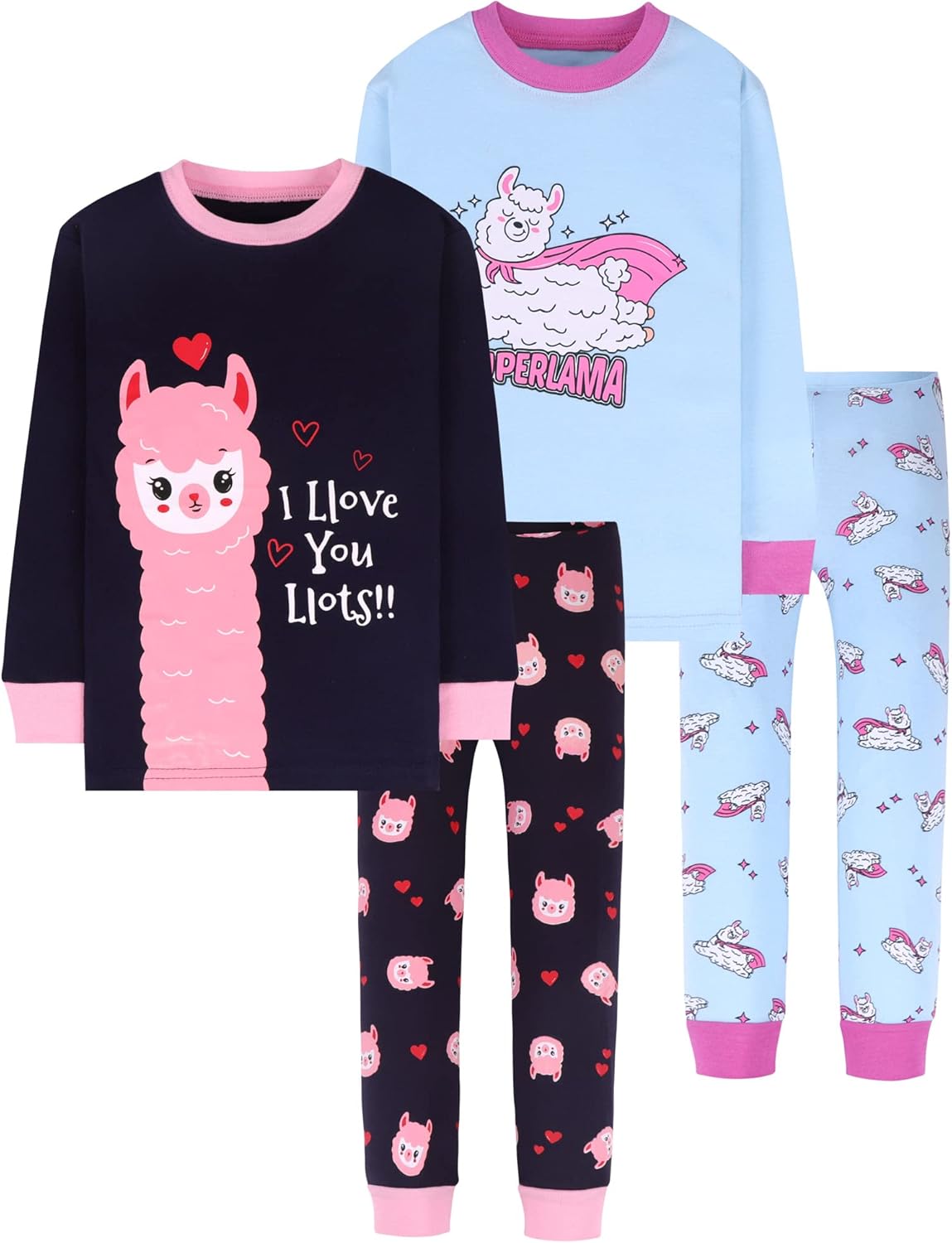 Girls 4 Pieces Cotton Pajamas Set for Ages 18 Months to 12 Years