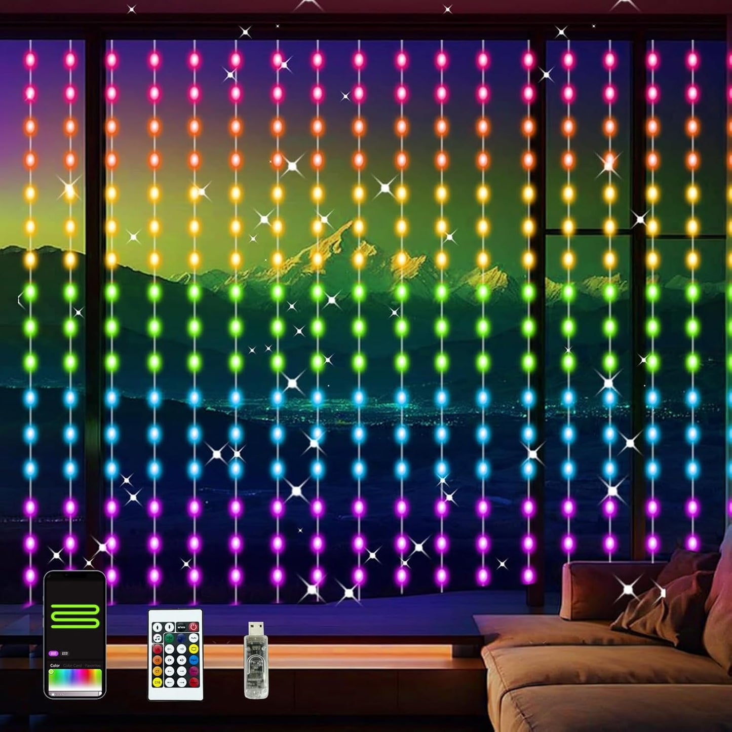 RGB Color Changing Curtain Lights - Smart Control, Waterproof, 8x6 ft