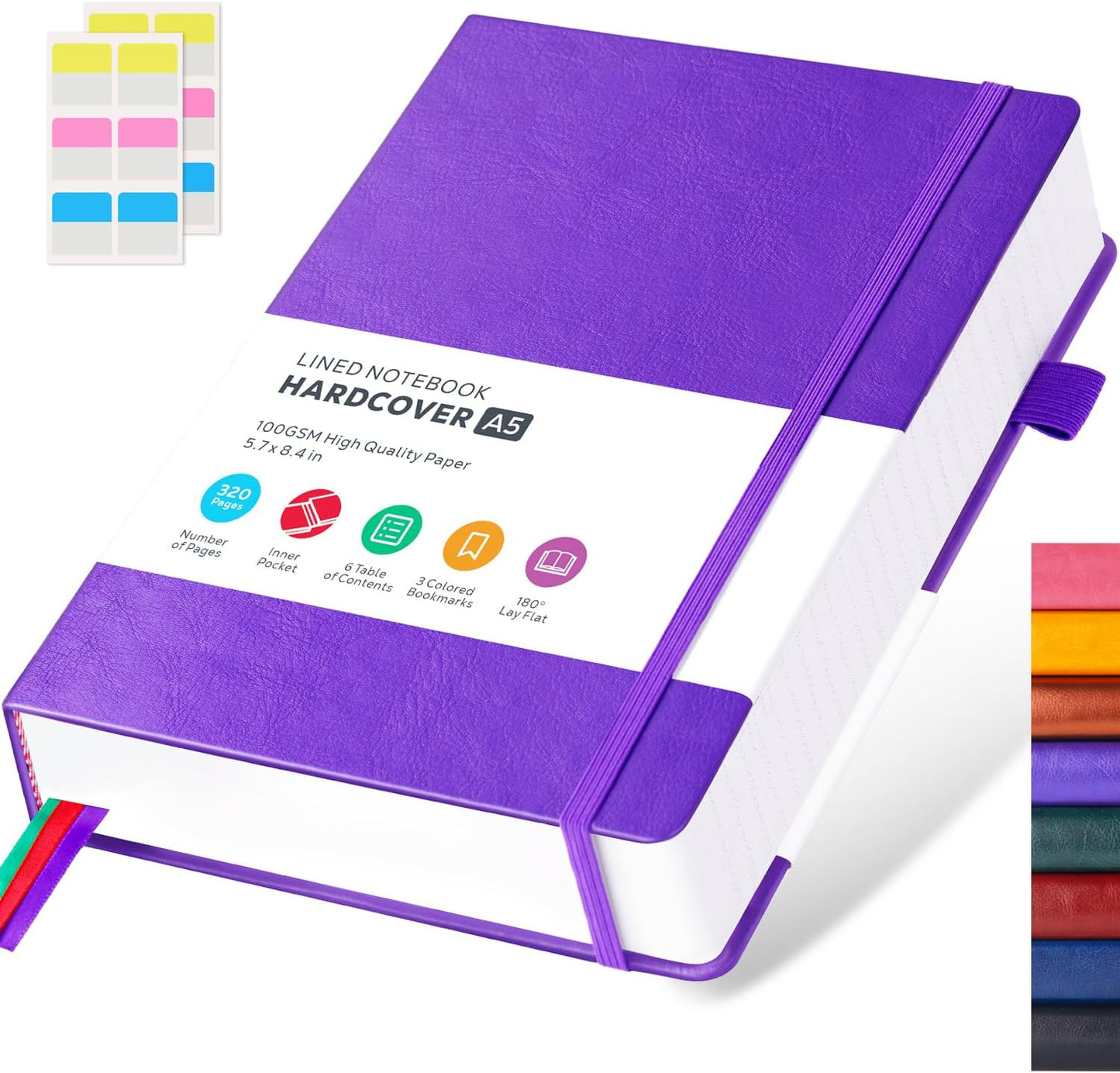 Premium Leather Journal for Focus Work, A5 320 Pages, Pen Loop, Pearlescent Purple