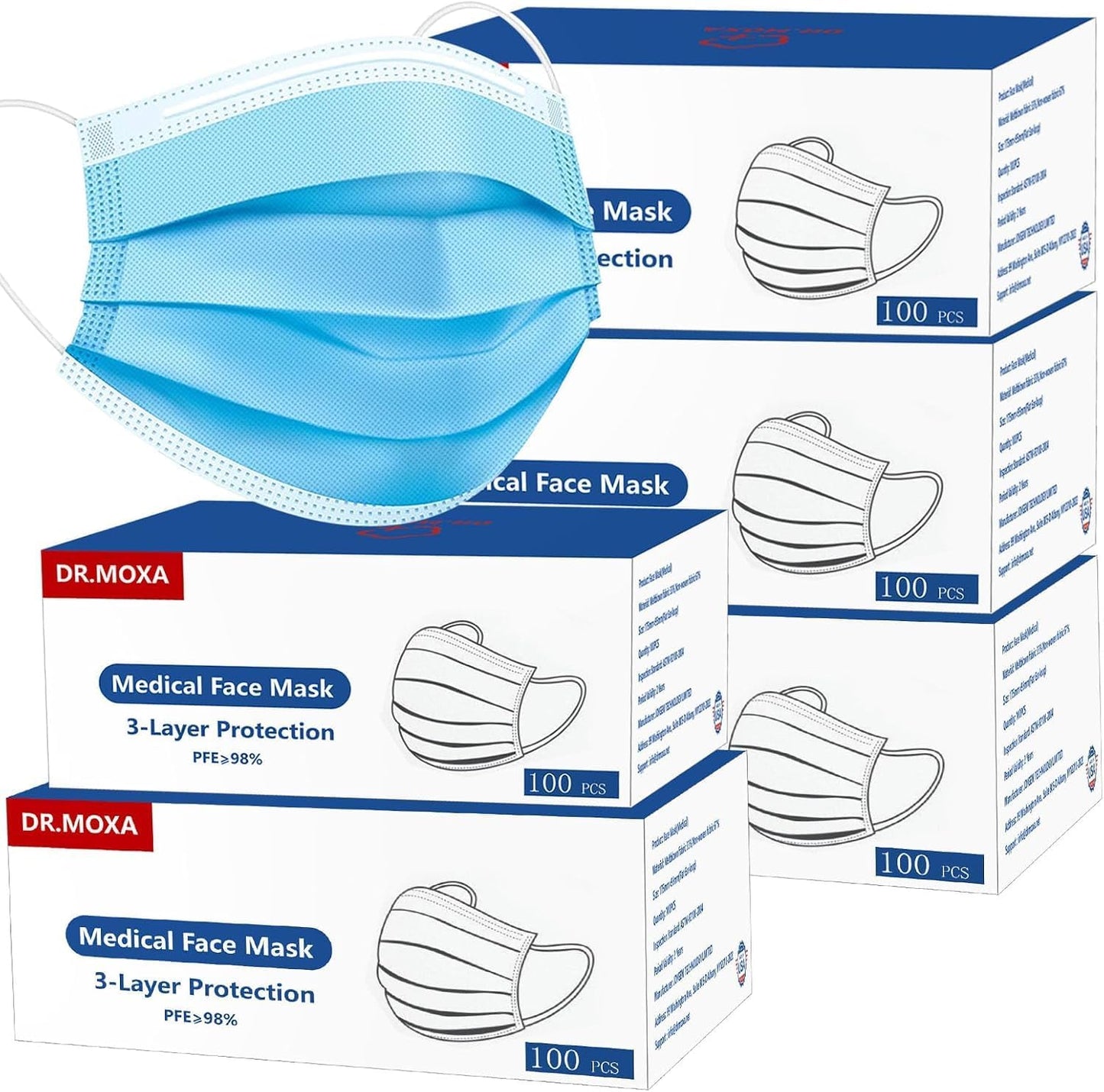 DR.MOXA 500 Pack Disposable Medical Face Masks for Adults