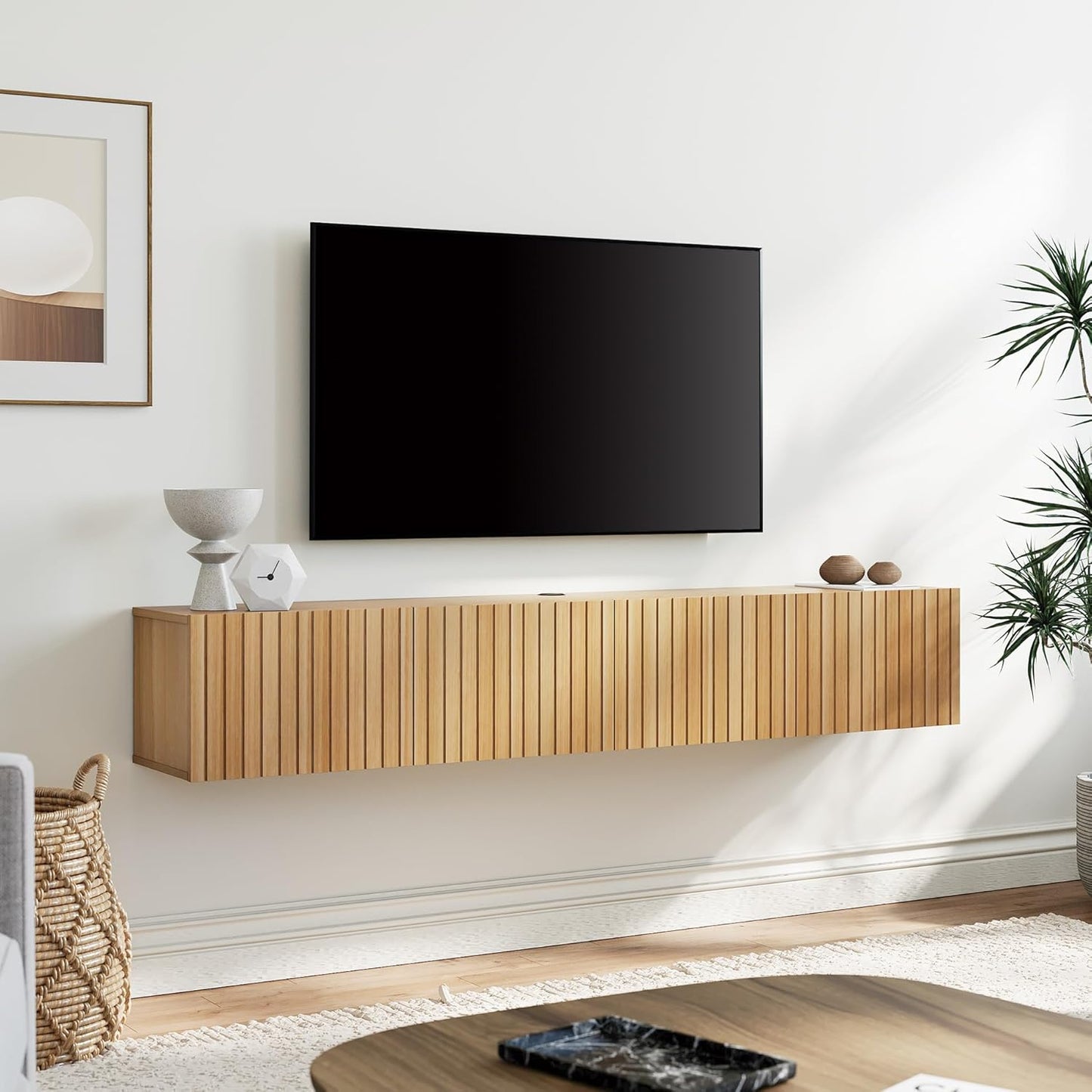 Oak Floating TV Stand with 3 Flip-Down Doors - 70 Large Storage