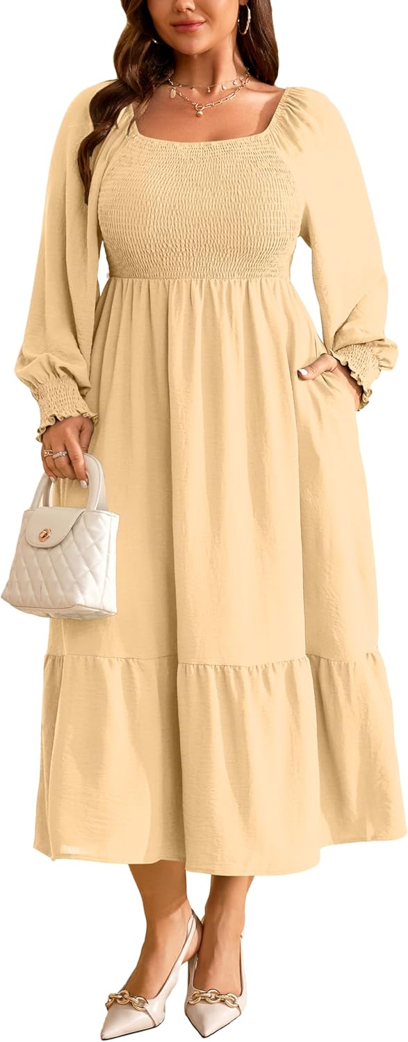 Plus Size Long Sleeve Floral Print Maxi Dress with Pockets