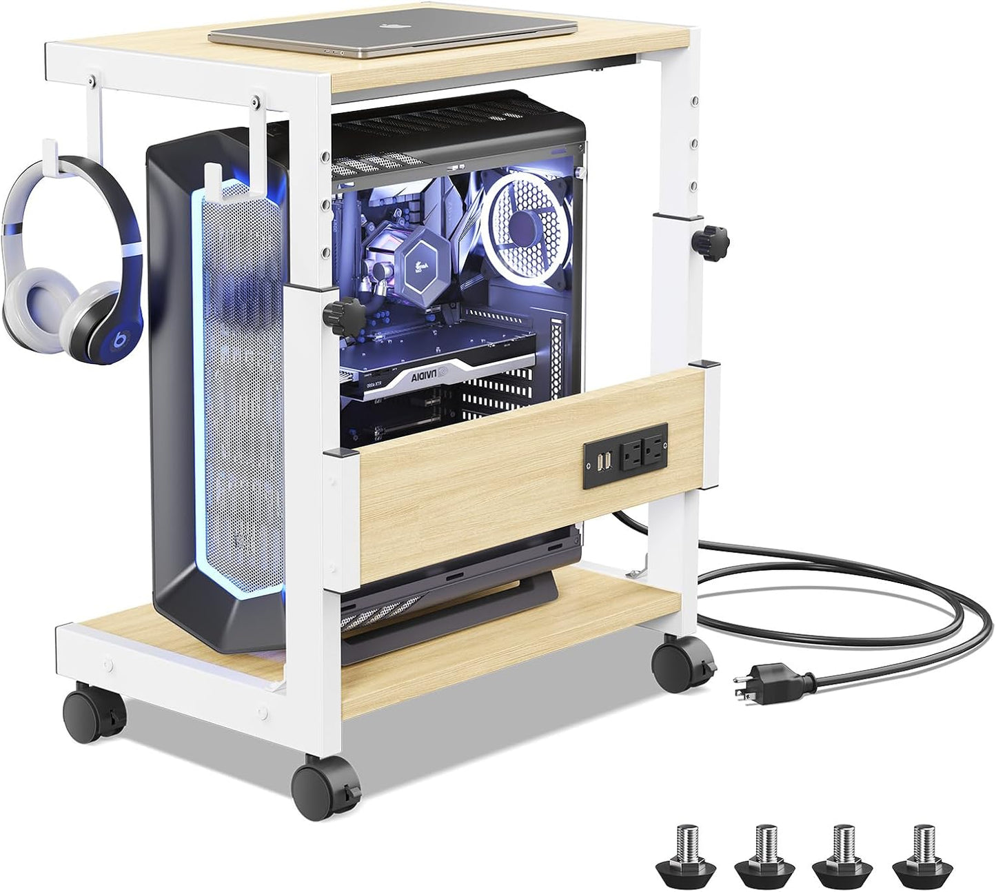 Height Adjustable Computer Tower Stand with Charge Station