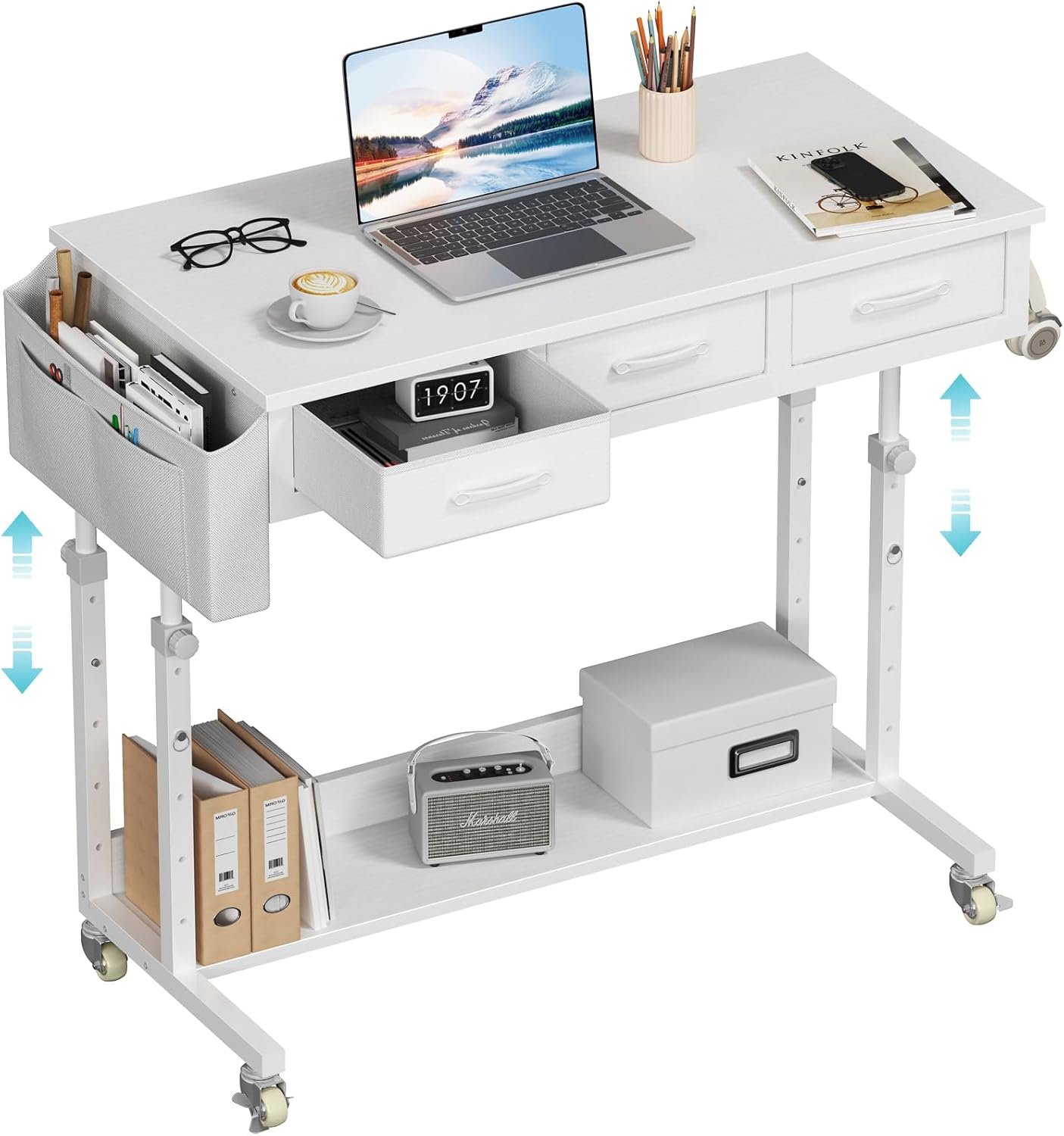 White Portable Rolling Computer Desk with Adjustable Height