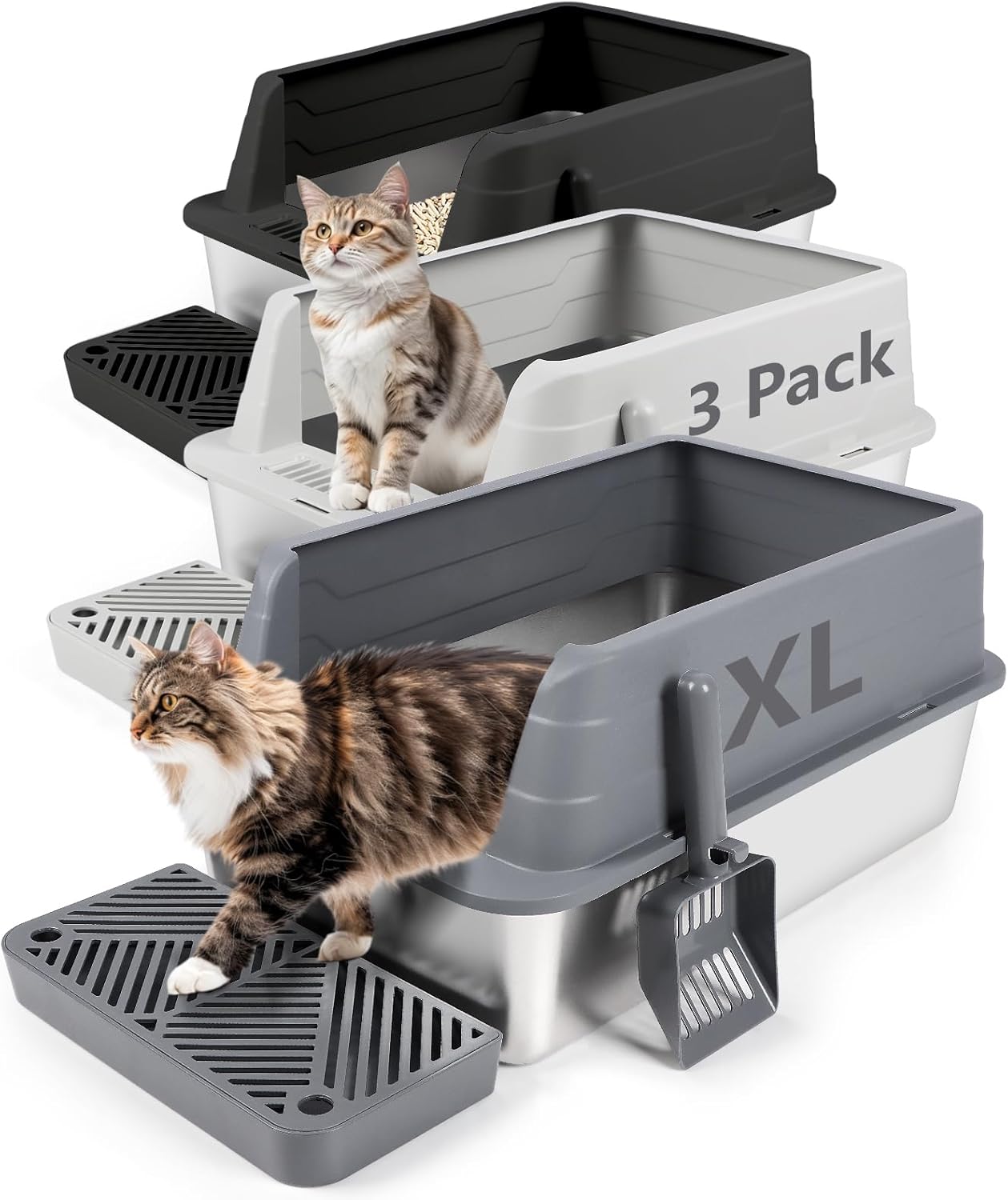 Extra Large Stainless Steel Cat Litter Box with Scoop & Filter