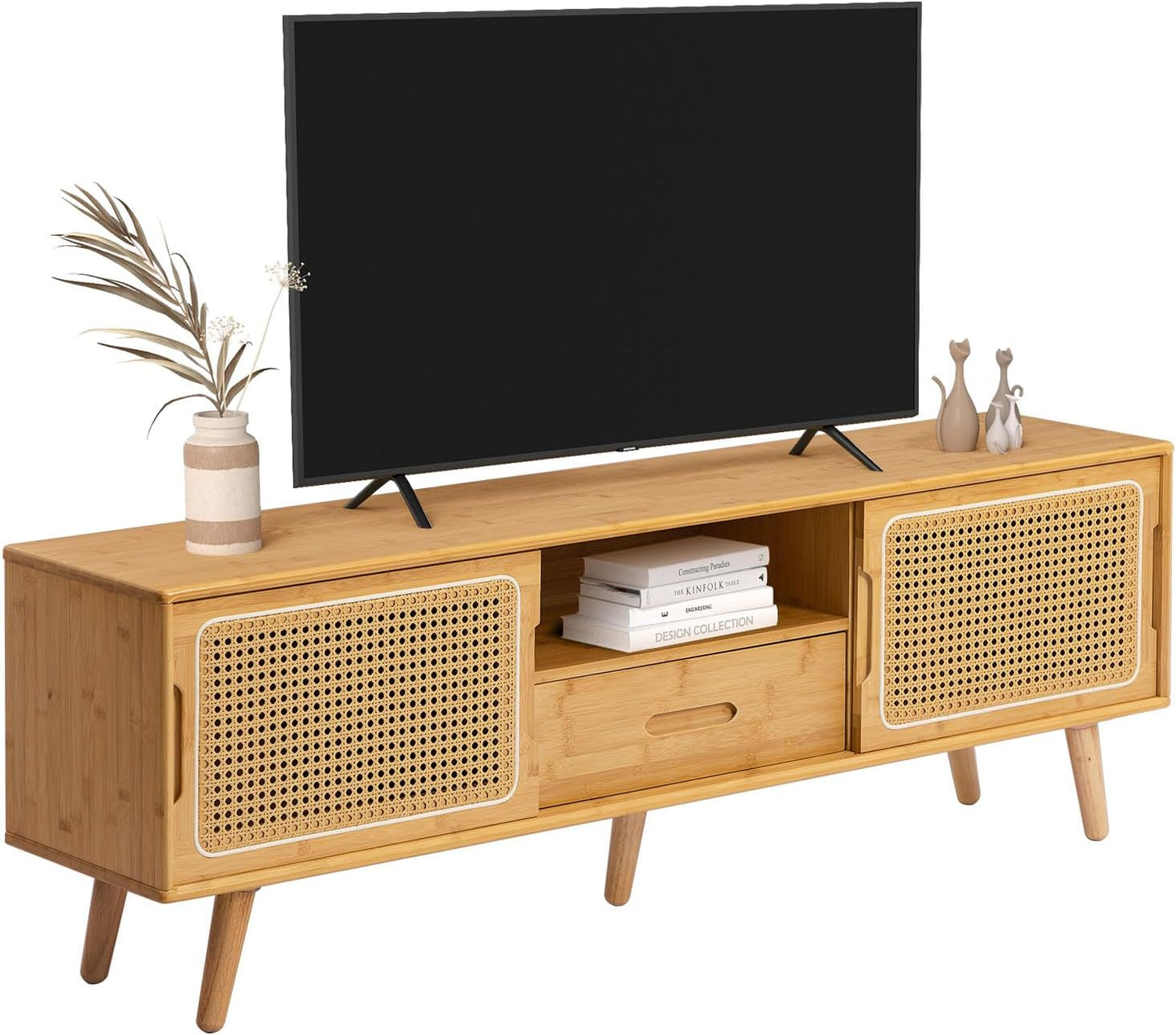 Bamboo TV Stand with Storage for TVs up to 65 in Modern Style