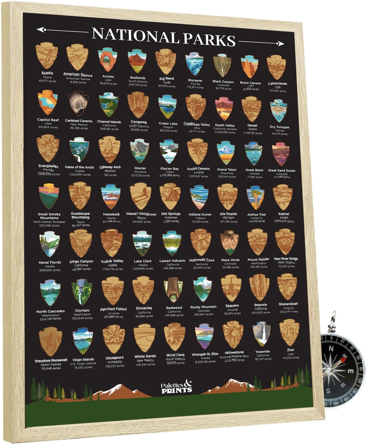 Framed US National Parks Scratch Off Poster for Travel Lovers