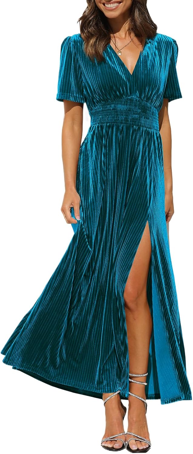 Sissyaki Women's Retro V-Neck Velvet Maxi Dress for Formal Events