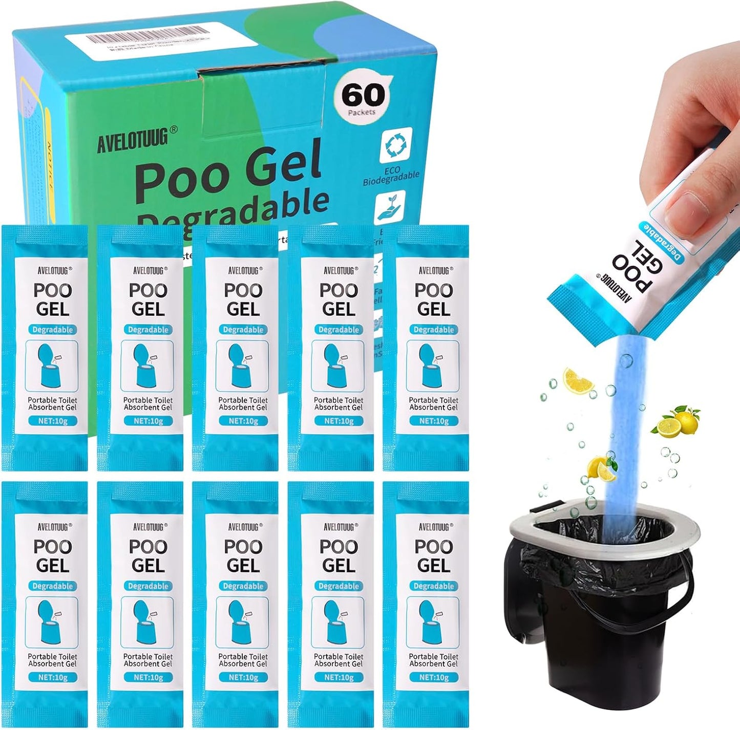 Fast-Acting Portable Poo Gel, 60 Pack for Camping - AVELO
