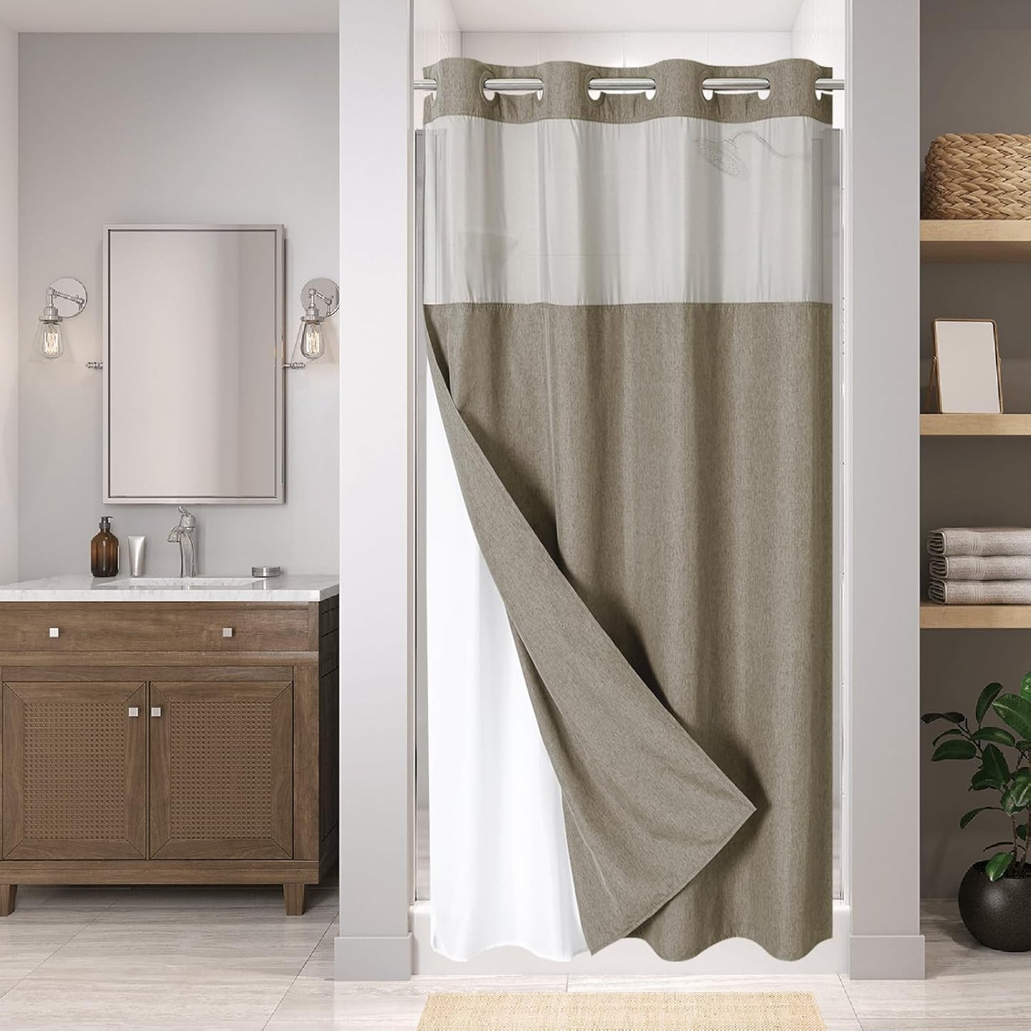 Linen Textured Shower Curtain with Snap-in Liner for Luxury Bath