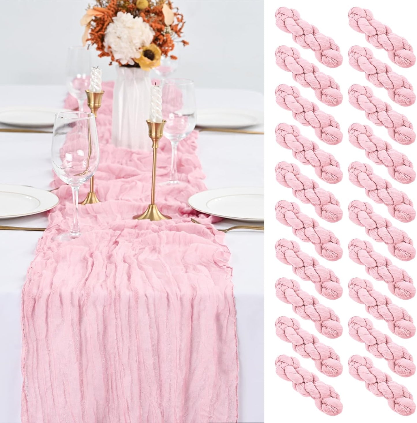 20 Pack Pink Table Runner for Weddings and Parties - 10Ft Long