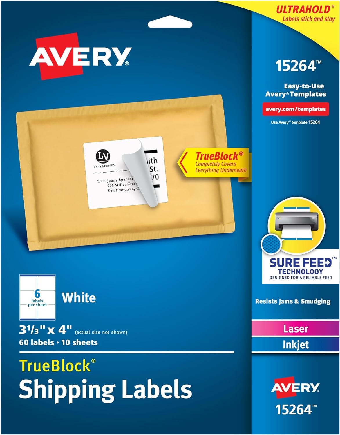 AVERY Sure Feed Printable Shipping Labels - 60 White Mailing Labels
