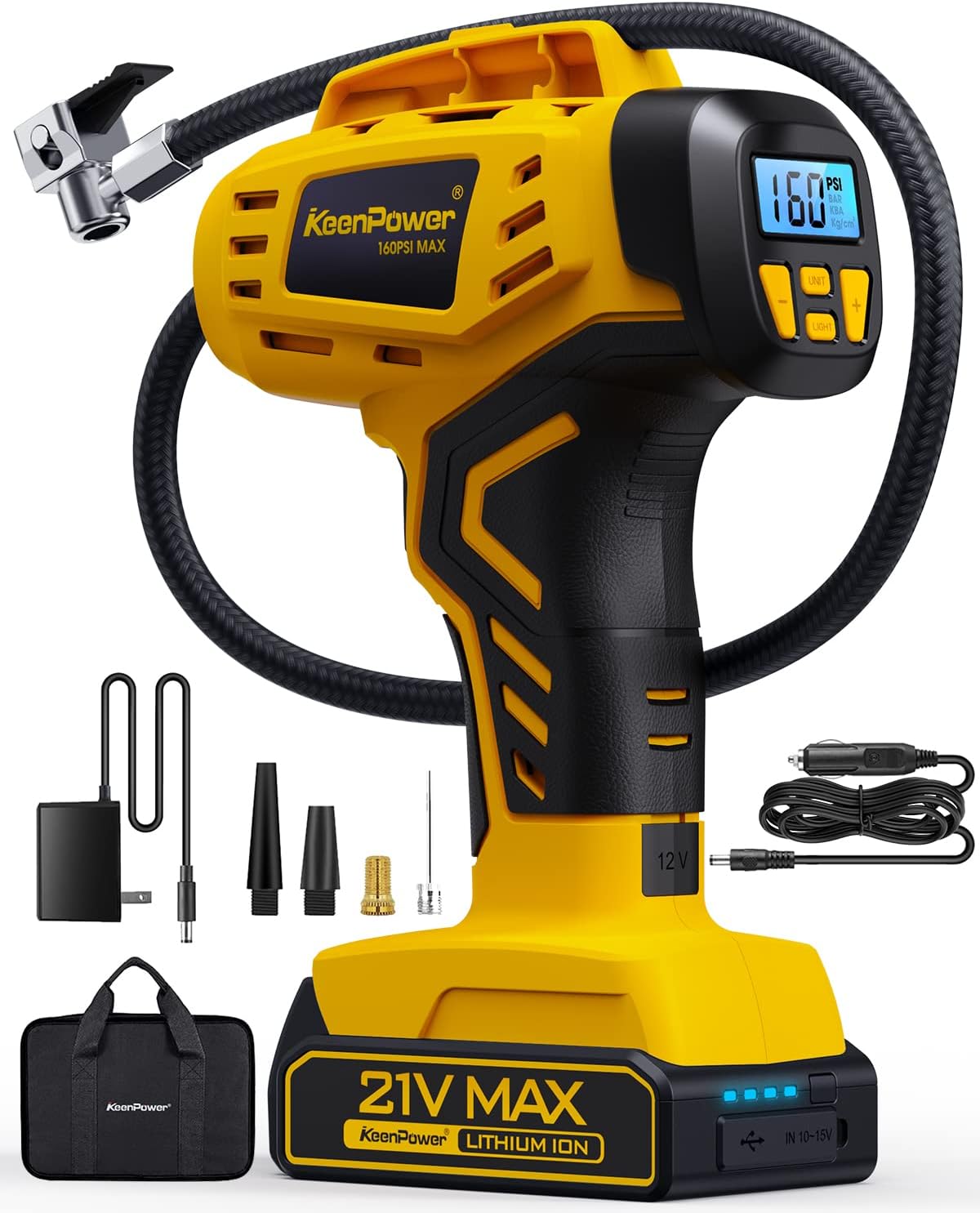 KeenPower 21V Tire Inflator - 2X Faster Pumping Power!